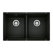 Coal black 50/50 double bowl kitchen sink with two equal compartments and chrome drain strainers.