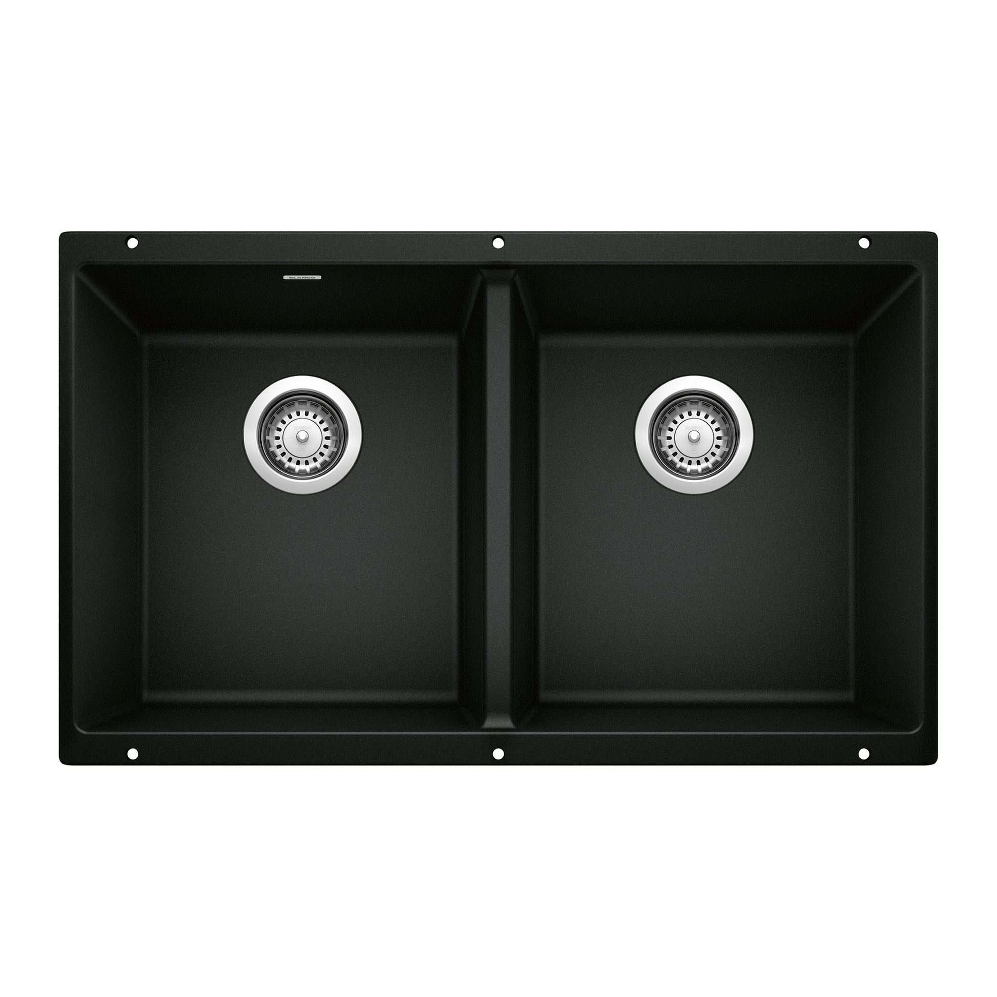 Coal black 50/50 double bowl kitchen sink with two equal compartments and chrome drain strainers.