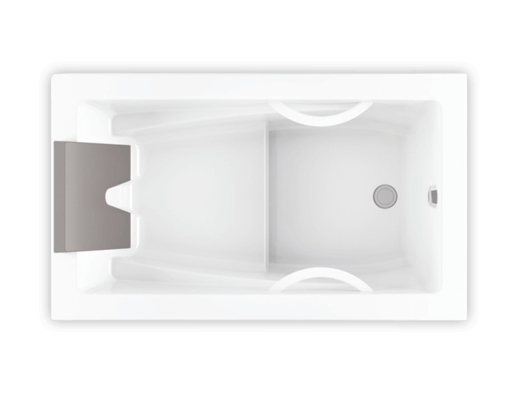 Rectangular biscuit-colored drop-in bathtub with heated backrest, armrests, and grab bars, viewed from above.