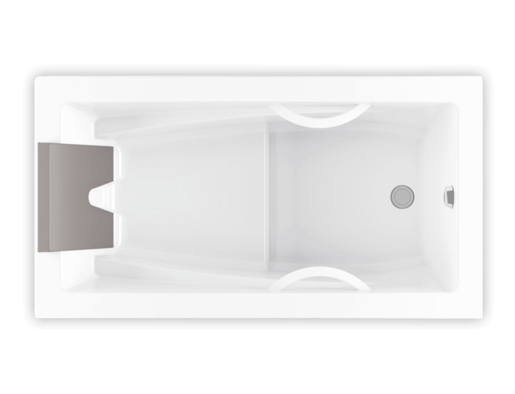 White rectangular drop-in soaking bathtub with raised seat, armrests, grab bars, and integral deck viewed from above.