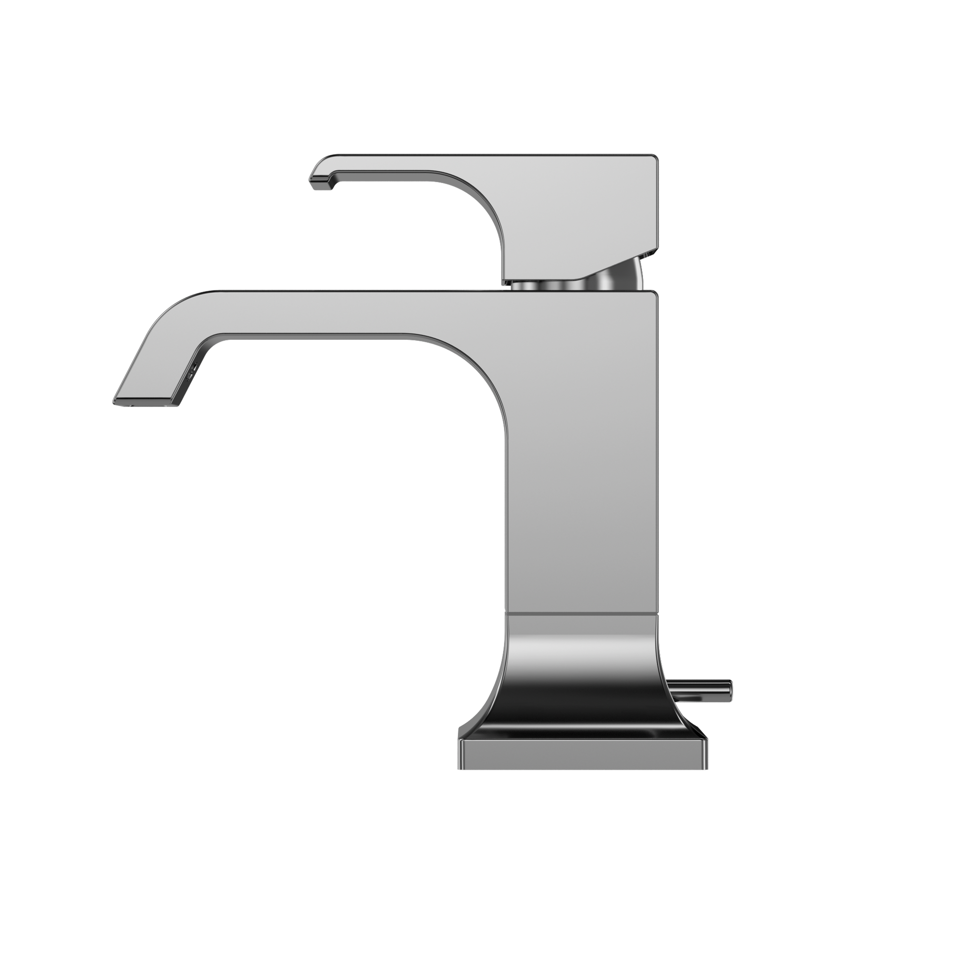 Polished chrome single-handle bathroom sink faucet with curved spout and square base.