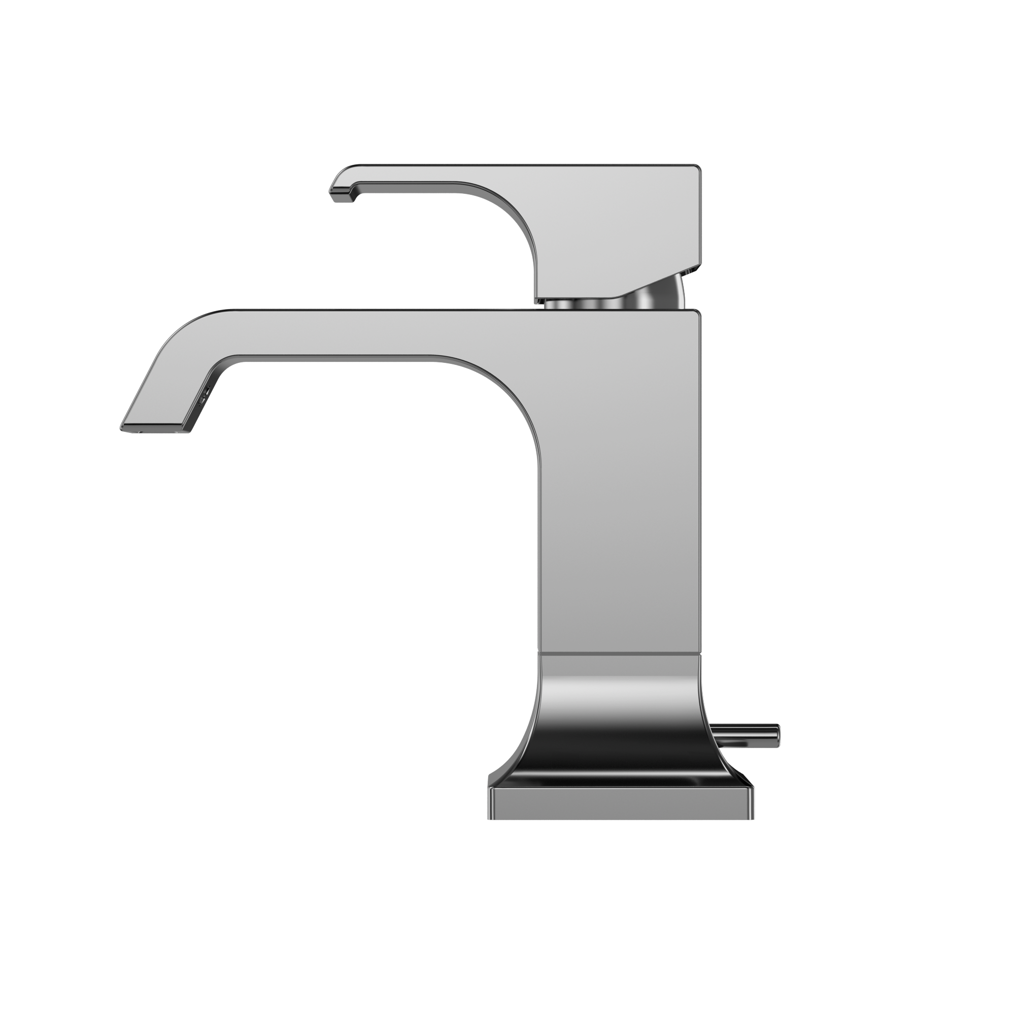 Polished chrome single-handle bathroom sink faucet with curved spout and square base.