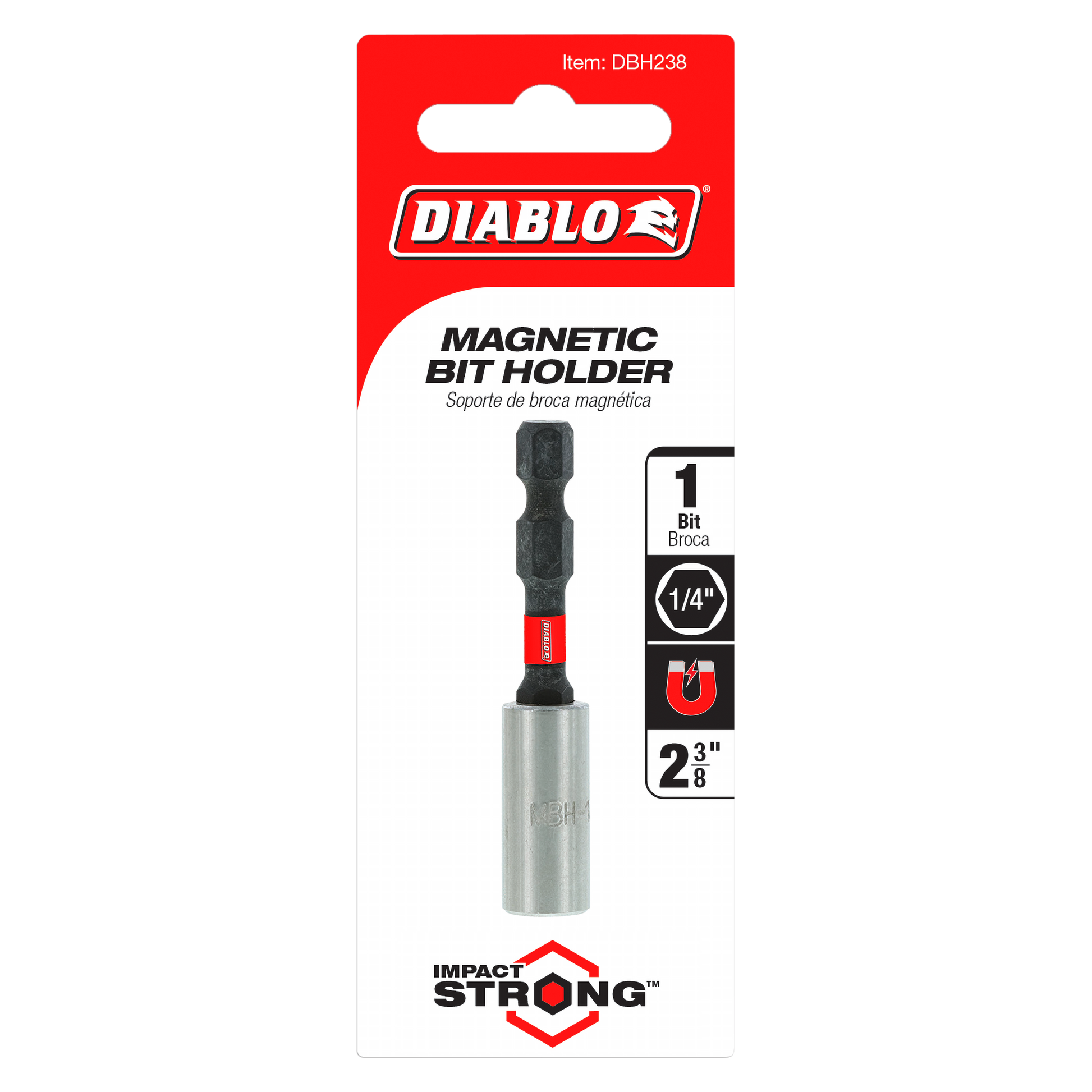 Diablo magnetic bit holder with 1/4" hex drive and black extension rod in silver metal sleeve on red packaging card.