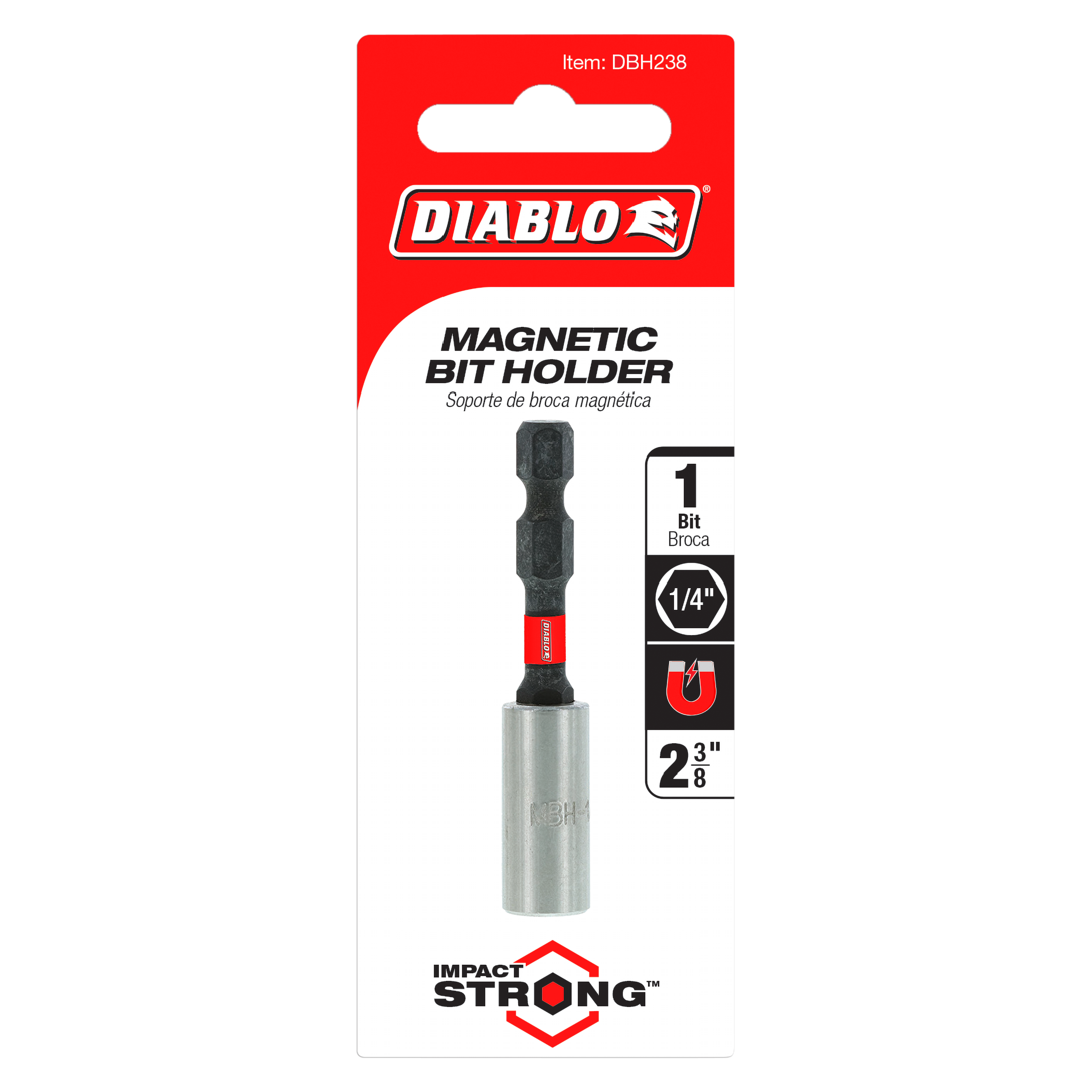 Diablo magnetic bit holder with 1/4" hex drive and black extension rod in silver metal sleeve on red packaging card.