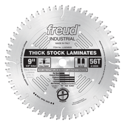 Freud 9" thick-stock laminate saw blade with 56 teeth, 5/8" arbor, and full kerf design for cutting laminates and chipboard.