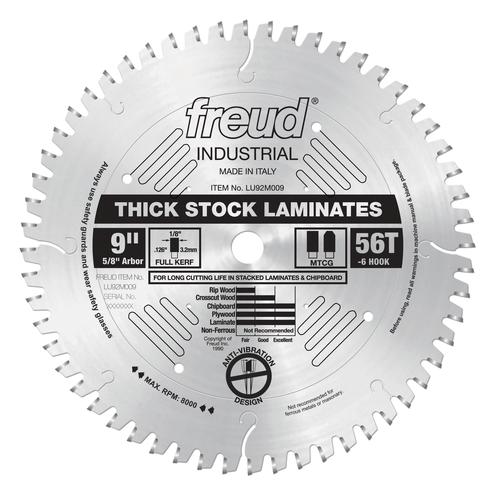 Freud 9" thick-stock laminate saw blade with 56 teeth, 5/8" arbor, and full kerf design for cutting laminates and chipboard.