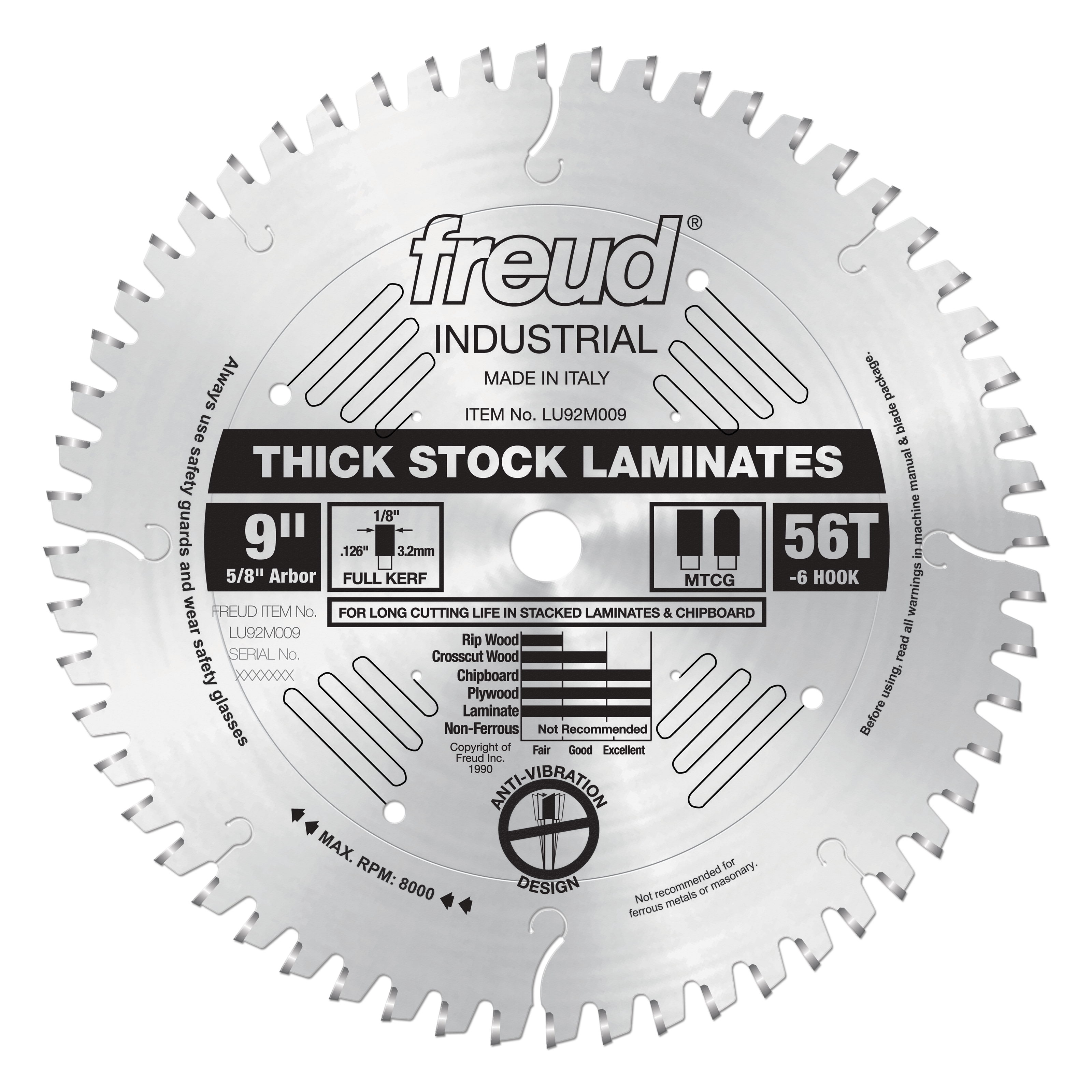 Freud 9" thick-stock laminate saw blade with 56 teeth, 5/8" arbor, and full kerf design for cutting laminates and chipboard.