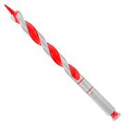 Red and gray auger bit with spiral flutes and pointed tip for drilling wood.