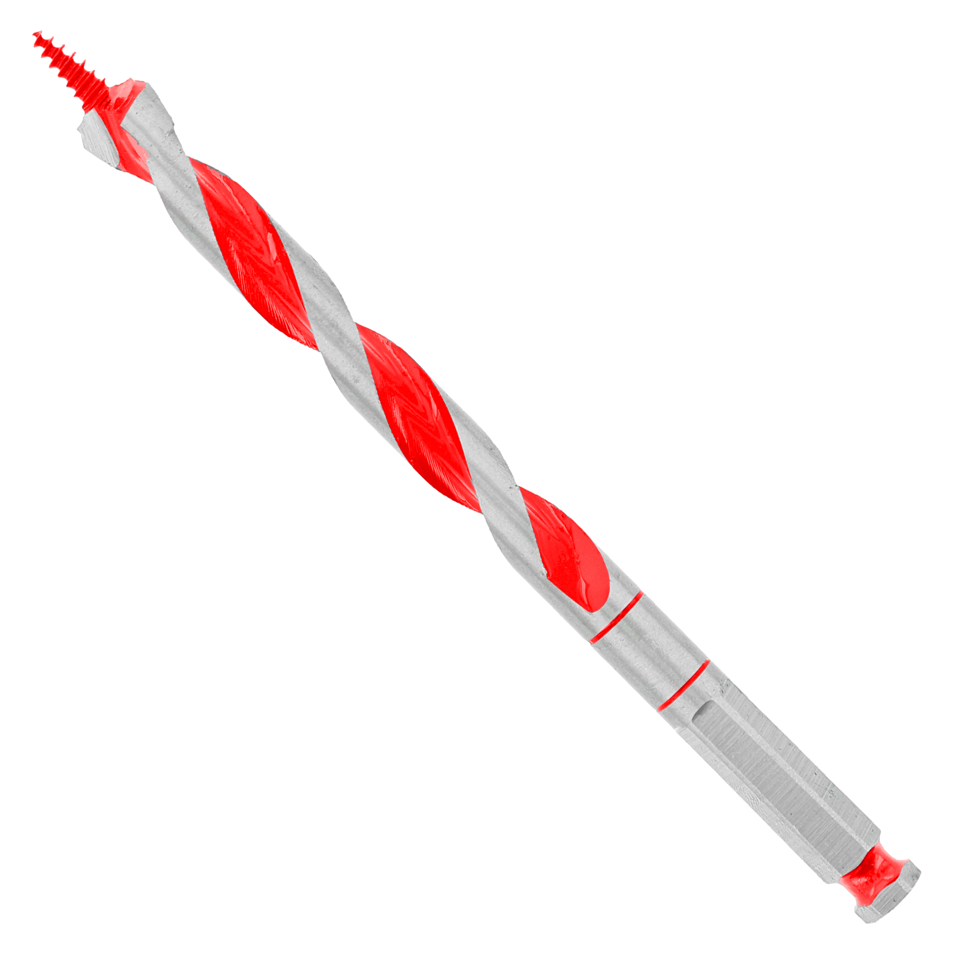 Red and gray auger bit with spiral flutes and pointed tip for drilling wood.