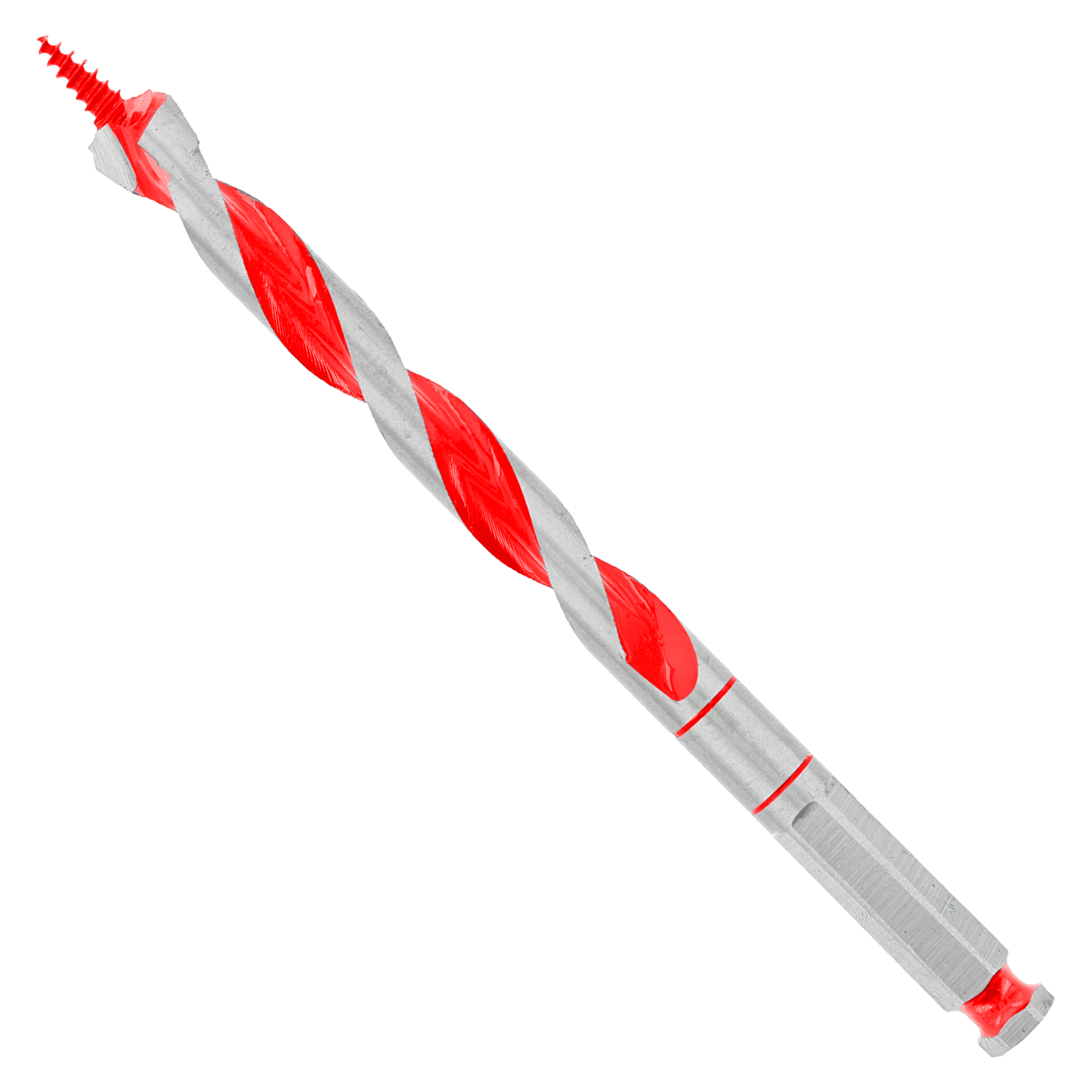 Red and gray auger bit with spiral flutes and pointed tip for drilling wood.