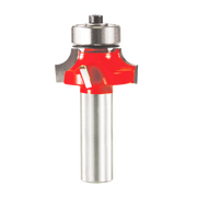Router bit with red cutting head, silver metal shaft, and bearing at top.