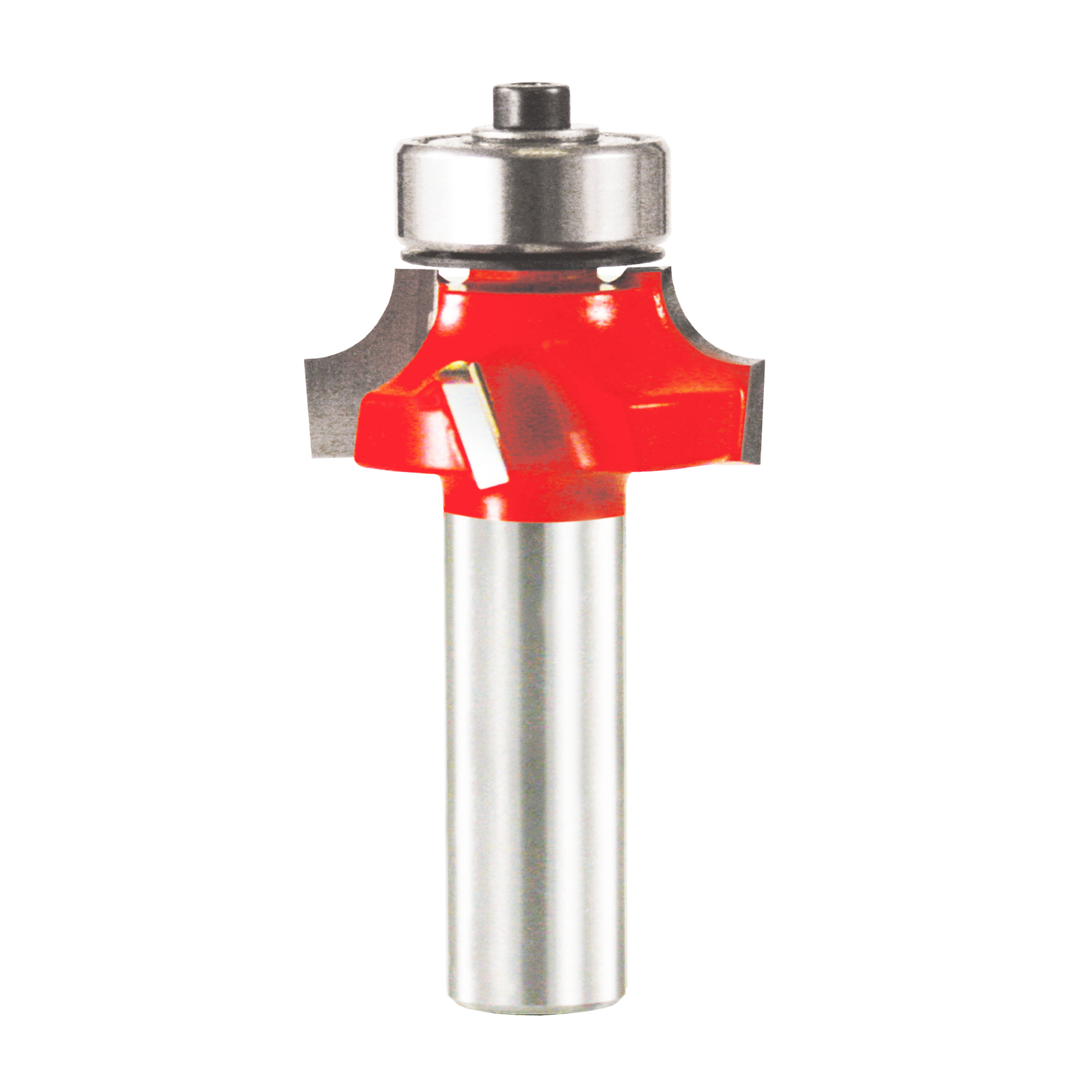 Router bit with red cutting head, silver metal shaft, and bearing at top.
