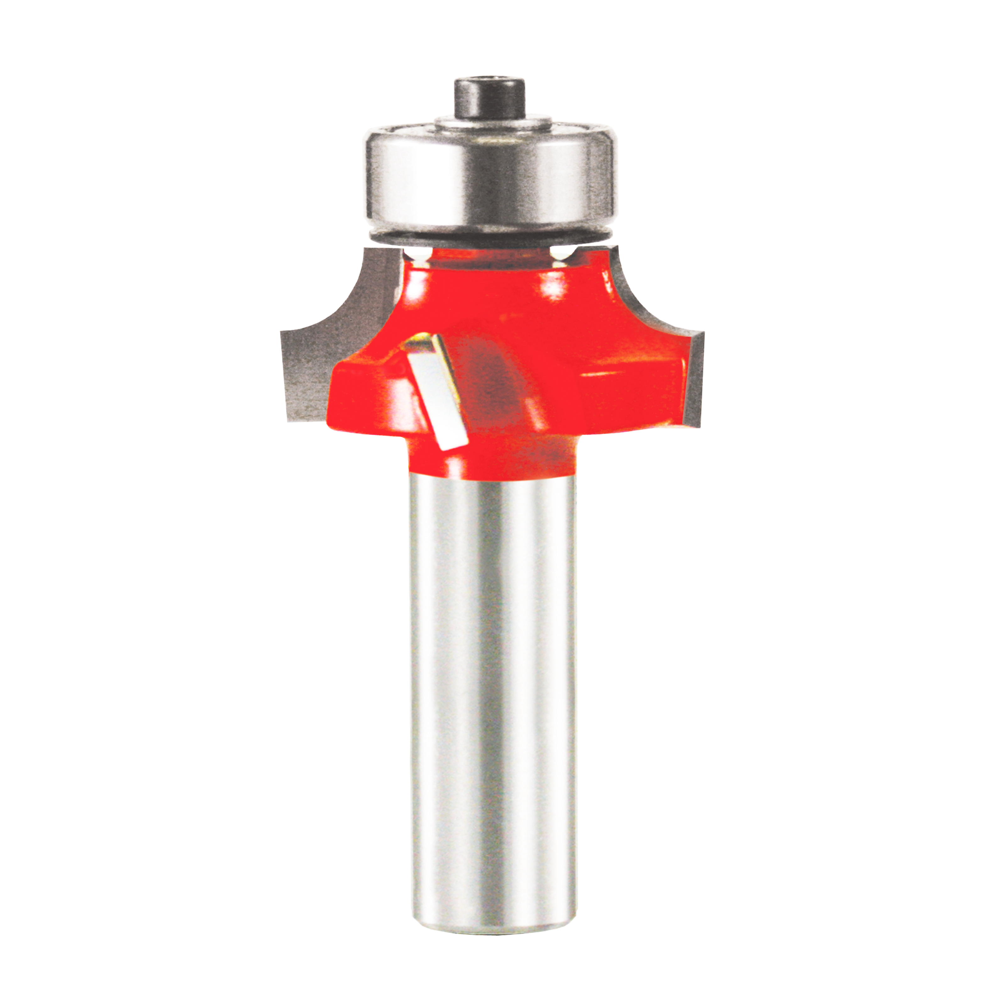 Router bit with red cutting head, silver metal shaft, and bearing at top.