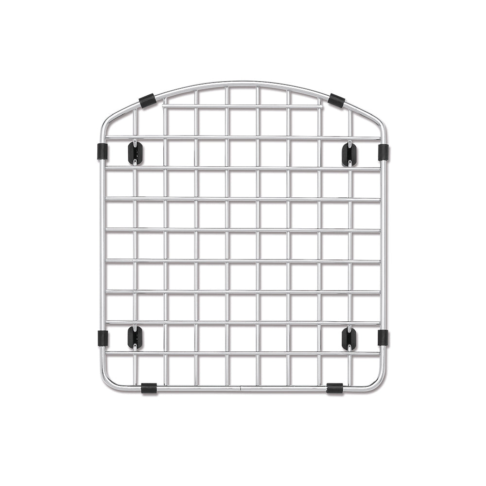 Stainless steel sink grid with square mesh pattern and black rubber feet on corners.
