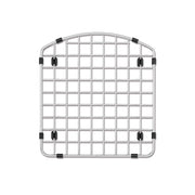 Stainless steel sink grid with square mesh pattern and black rubber feet on corners.