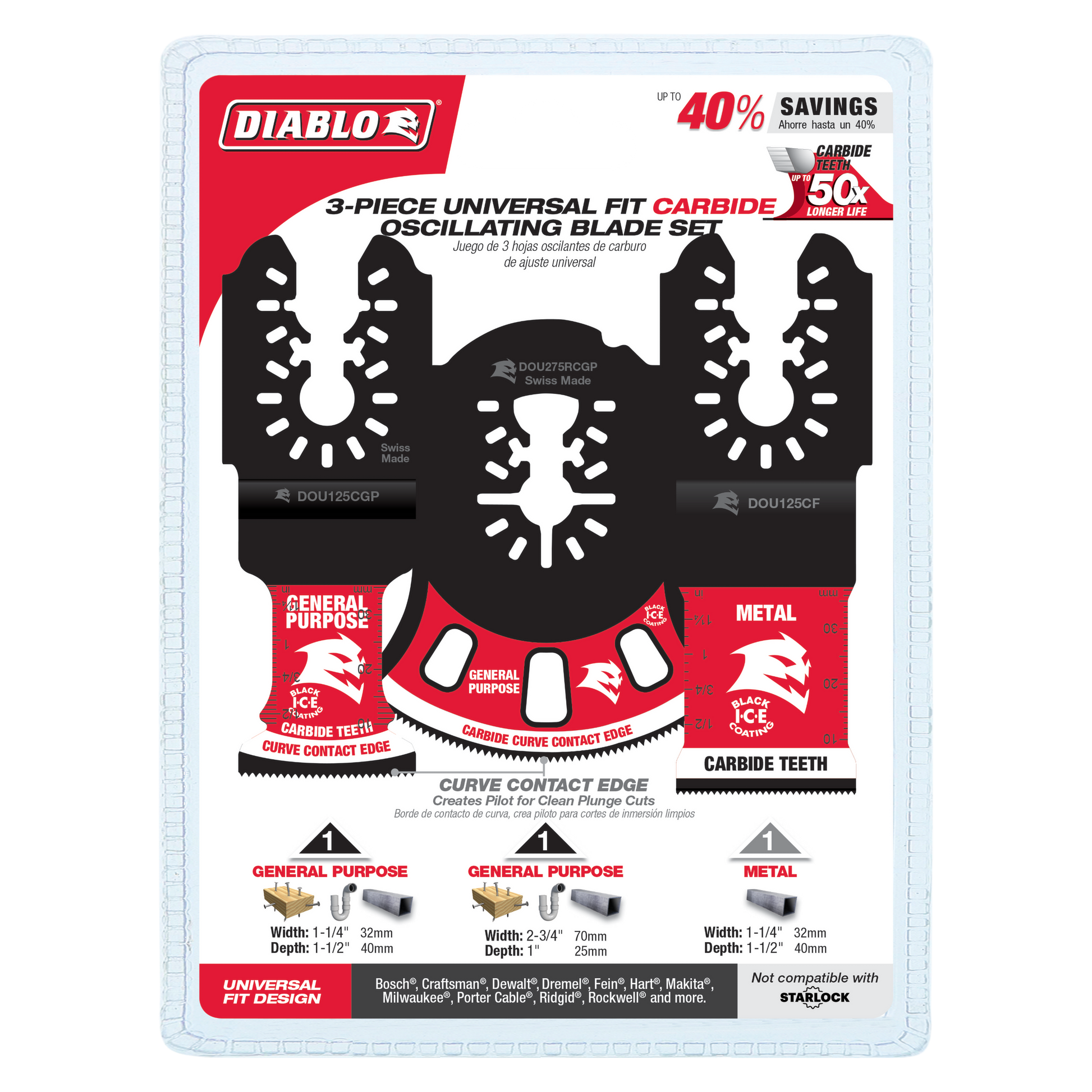 Three black carbide oscillating saw blades with curved teeth edges in general purpose and metal cutting styles.