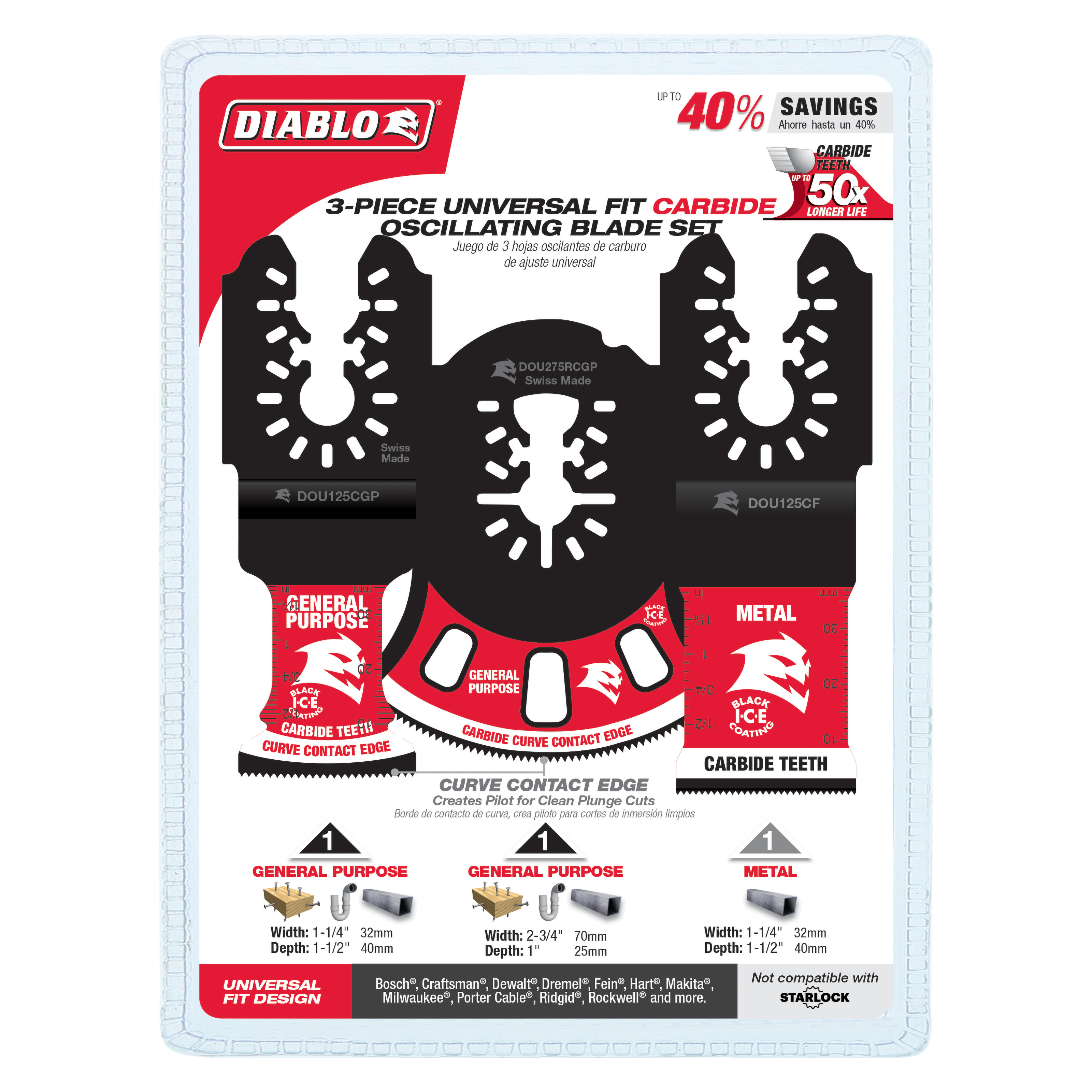 Three black carbide oscillating saw blades with curved teeth edges in general purpose and metal cutting styles.