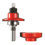 Router bit with red and black components, including main cutting head and separate base piece.