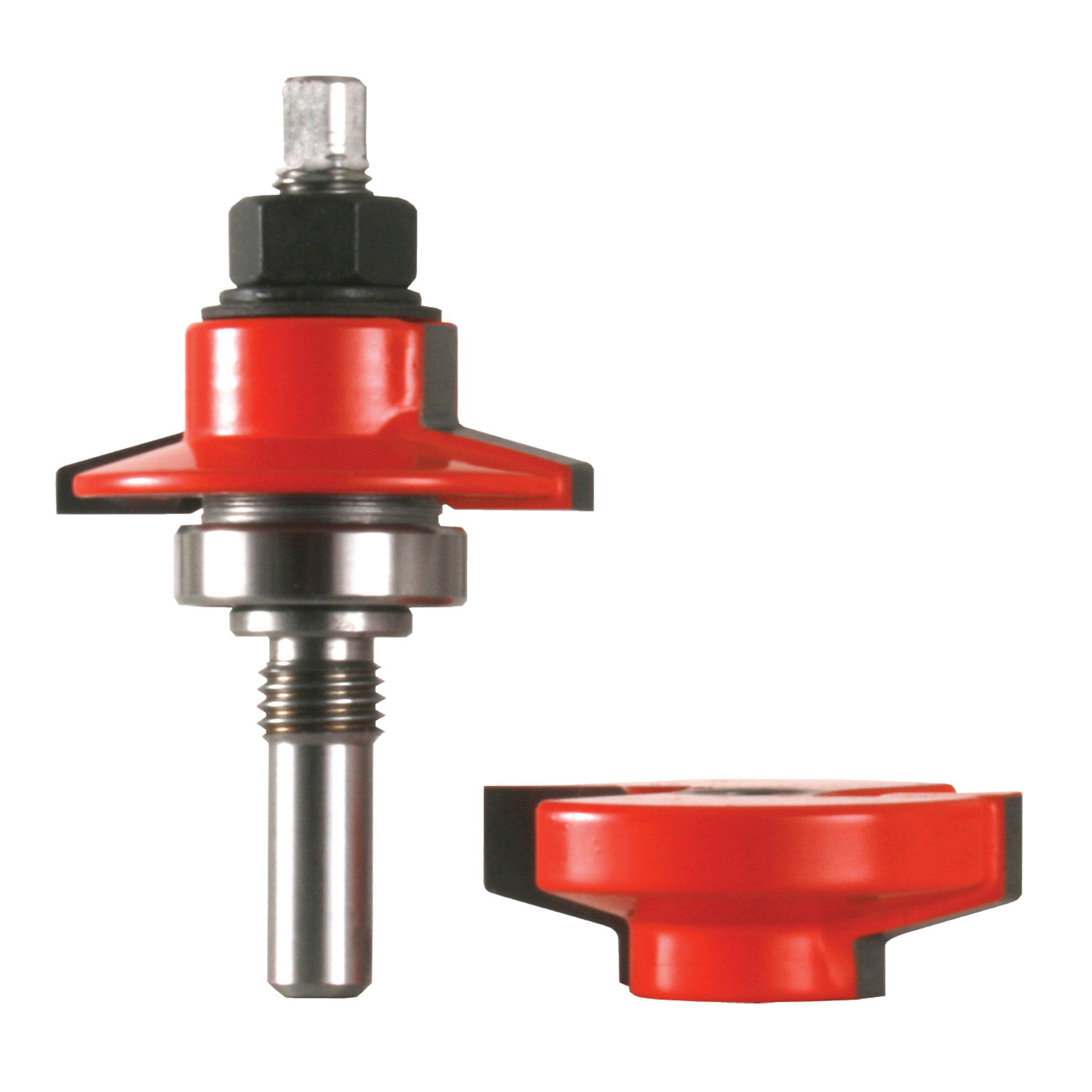 Router bit with red and black components, including main cutting head and separate base piece.