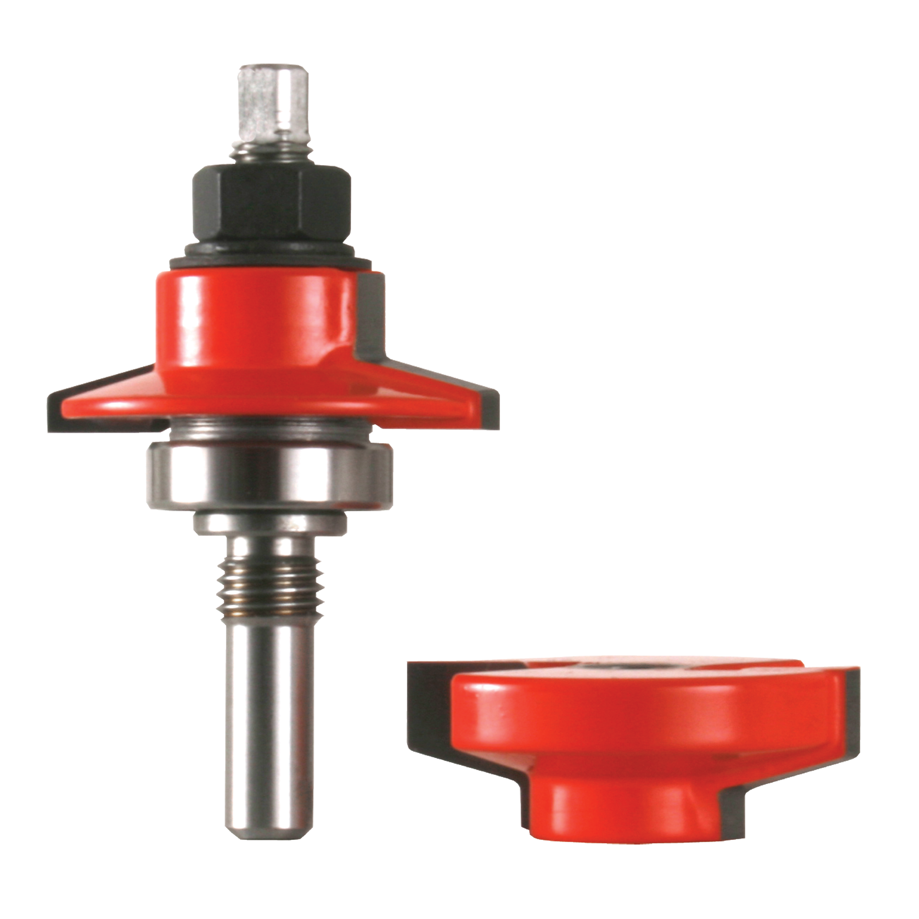 Router bit with red and black components, including main cutting head and separate base piece.