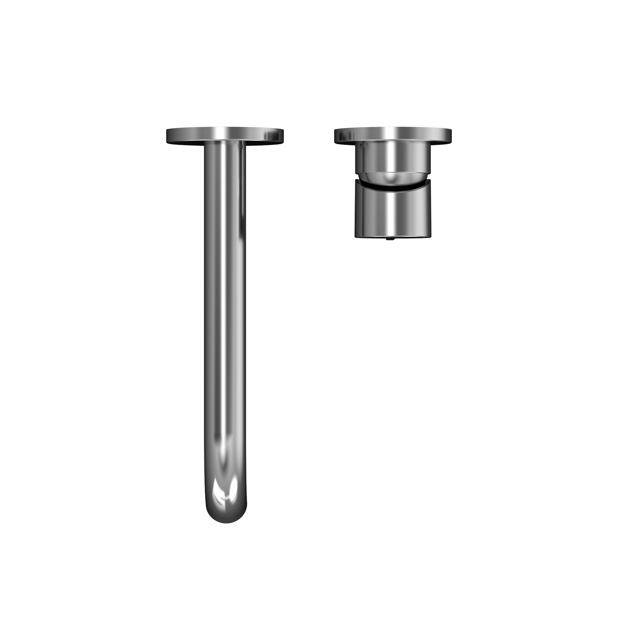 Polished chrome wall-mount bathroom faucet with single handle and curved spout shown from front and side angles.