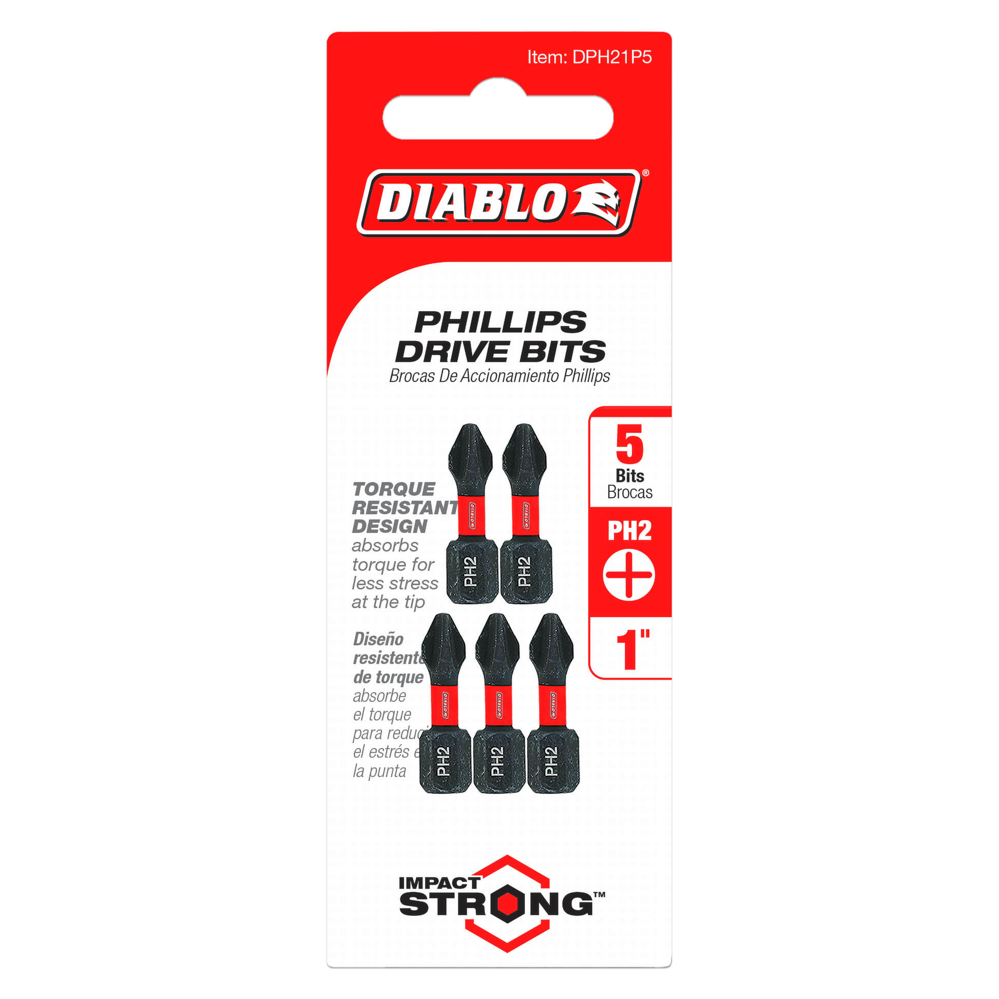Five 1 in. Phillips #2 drive bits with red and black handles in retail packaging.