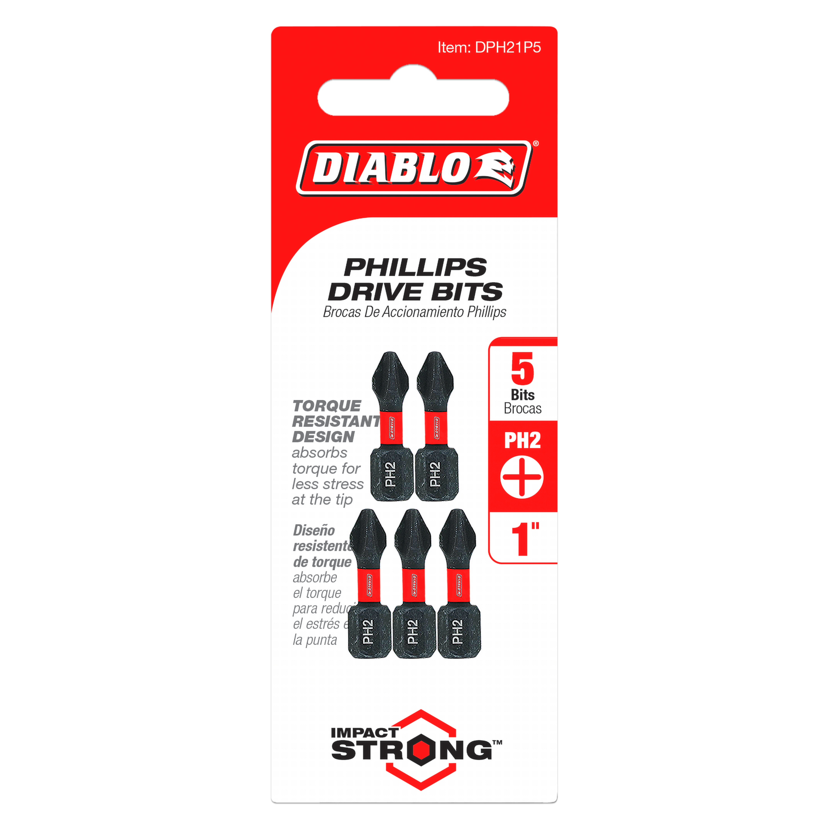 Five 1 in. Phillips #2 drive bits with red and black handles in retail packaging.