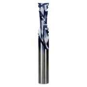 Metal mortise compression bit with two flutes, 1/2 inch diameter, blue and silver cutting edges on cylindrical shaft.