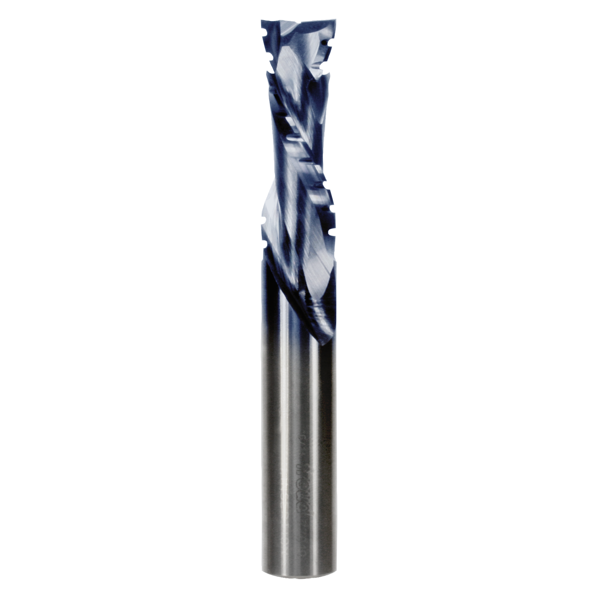 Metal mortise compression bit with two flutes, 1/2 inch diameter, blue and silver cutting edges on cylindrical shaft.