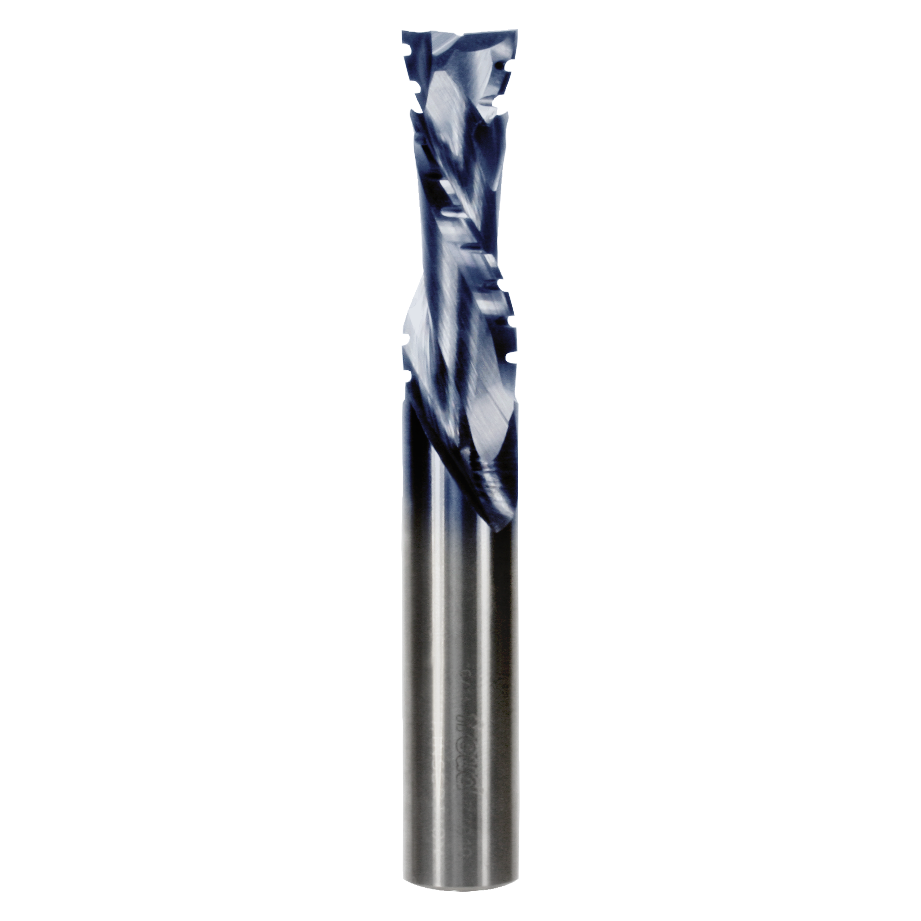 Metal mortise compression bit with two flutes, 1/2 inch diameter, blue and silver cutting edges on cylindrical shaft.