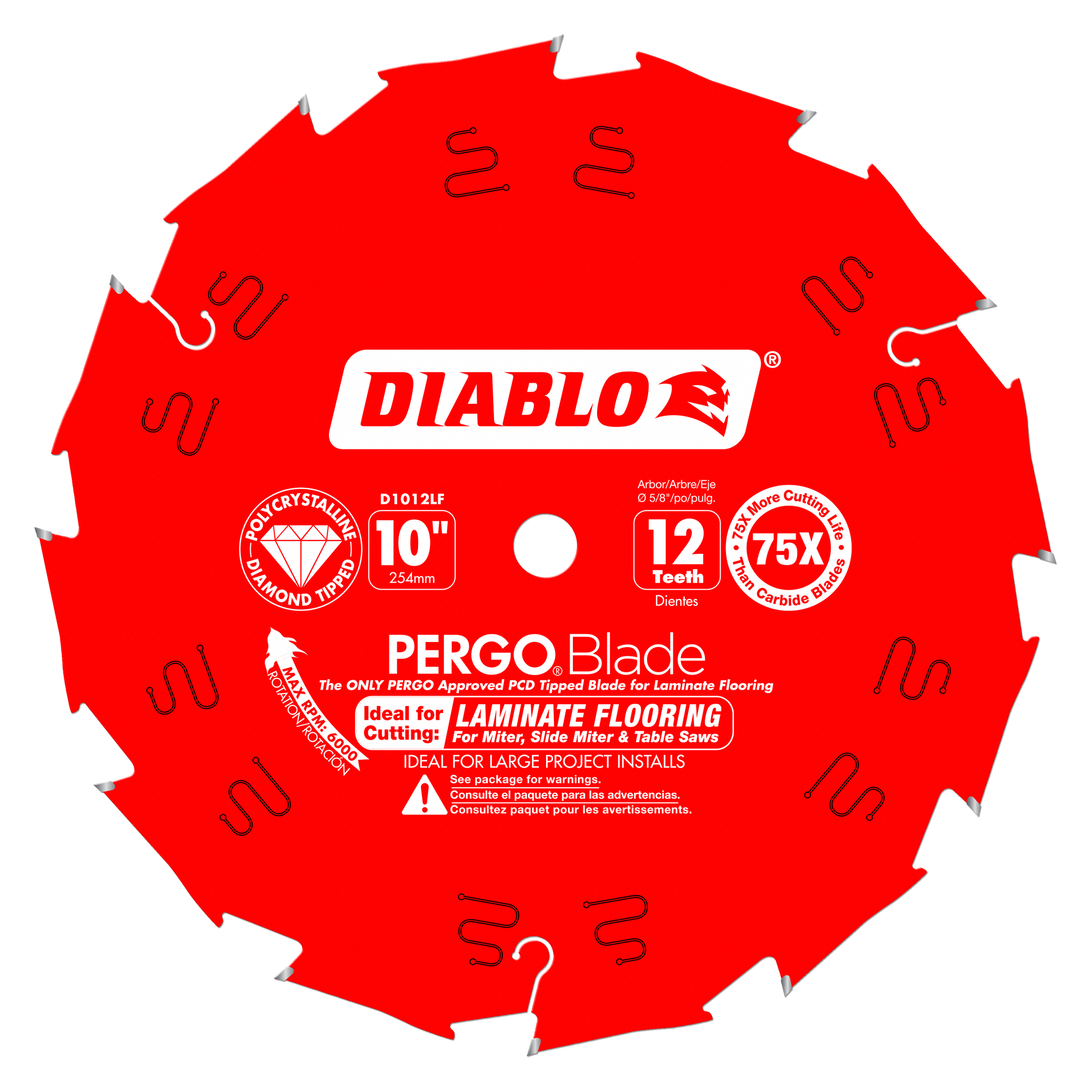 Red circular saw blade with 12 teeth, Diablo PERGO Blade branding, 10-inch diameter, PCD-tipped for laminate flooring.