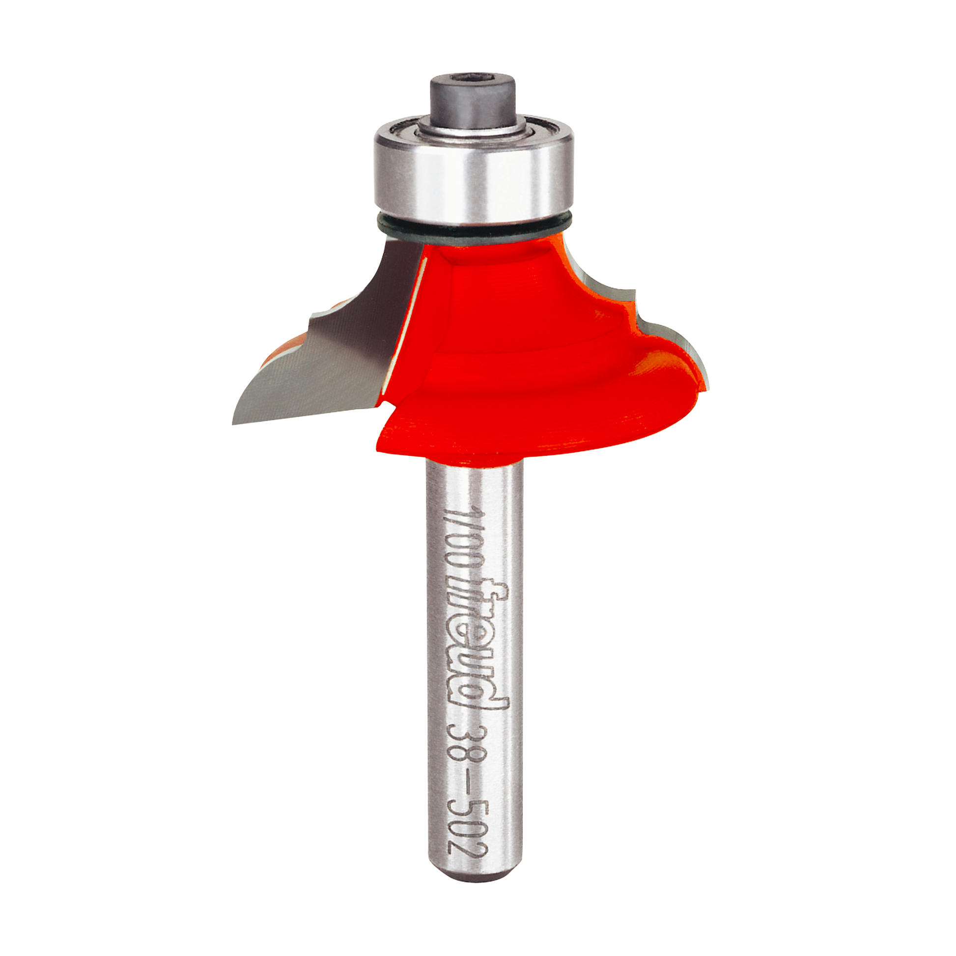 Freud classical cove and round router bit with red cutting profile and silver shank.
