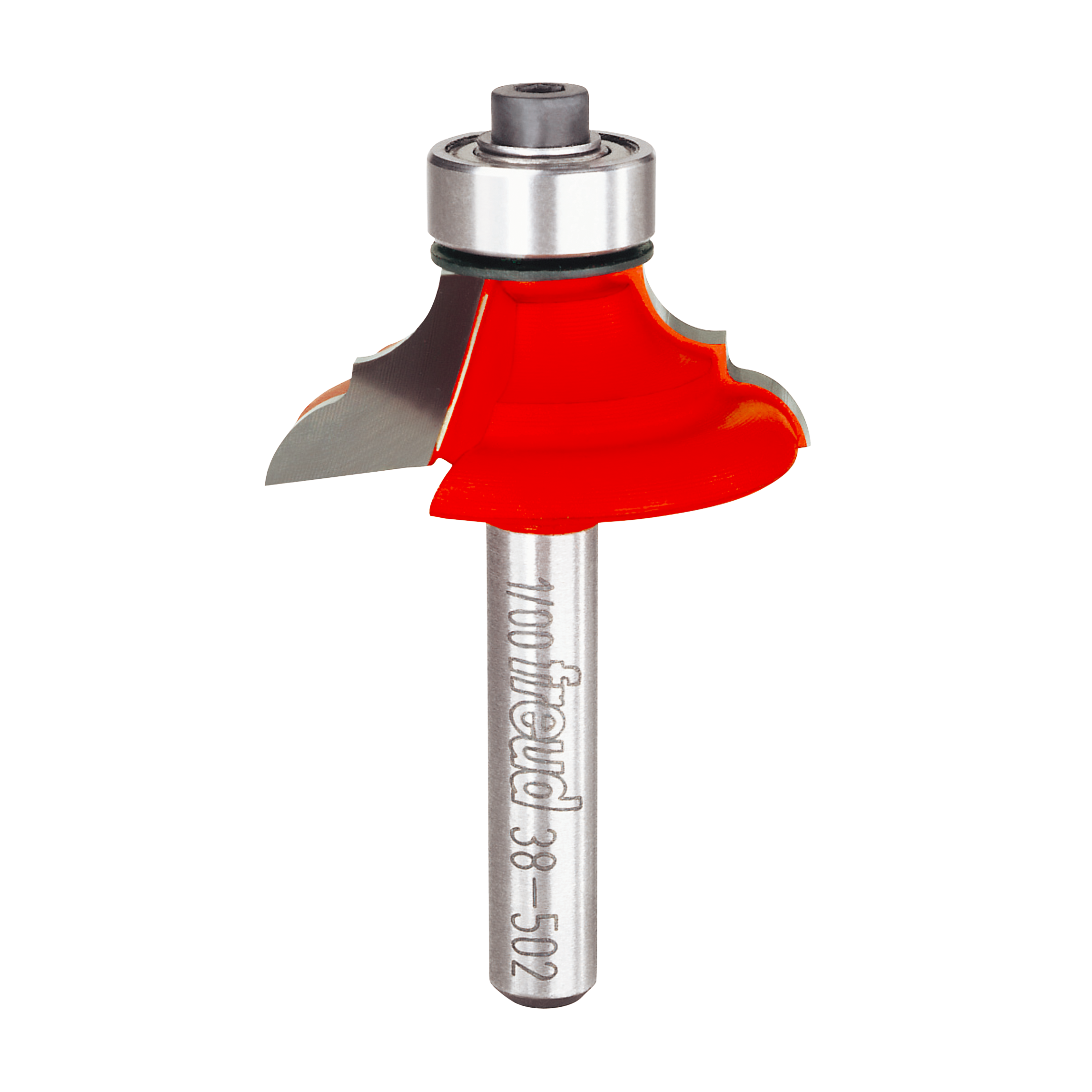 Freud classical cove and round router bit with red cutting profile and silver shank.