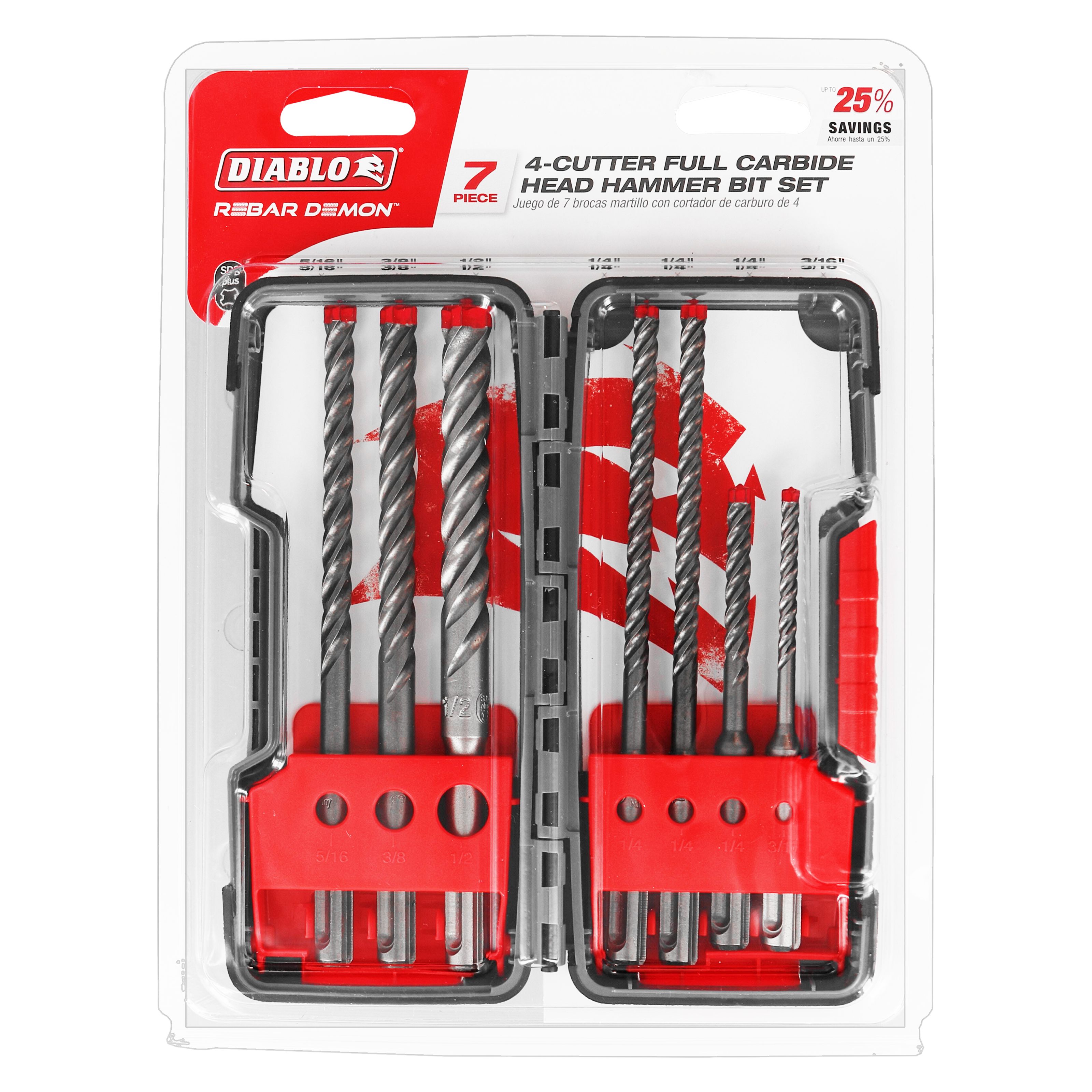 Diablo DMAPL9920-S7 7pc Rebar Demon SDS-Plus 4-Cutter Full Carbide Head Hammer Bit Set (7-Piece)