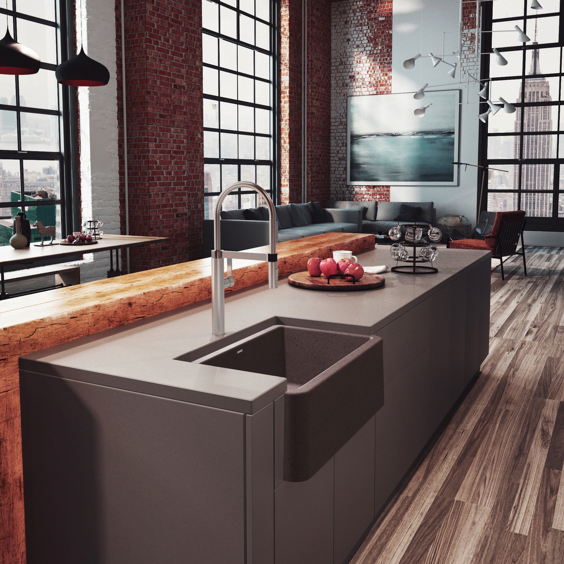 Cafe brown apron front kitchen sink with single basin and stainless steel faucet installed in modern kitchen island.