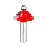Red cove and bead router bit with silver shank and metal collet on white background.
