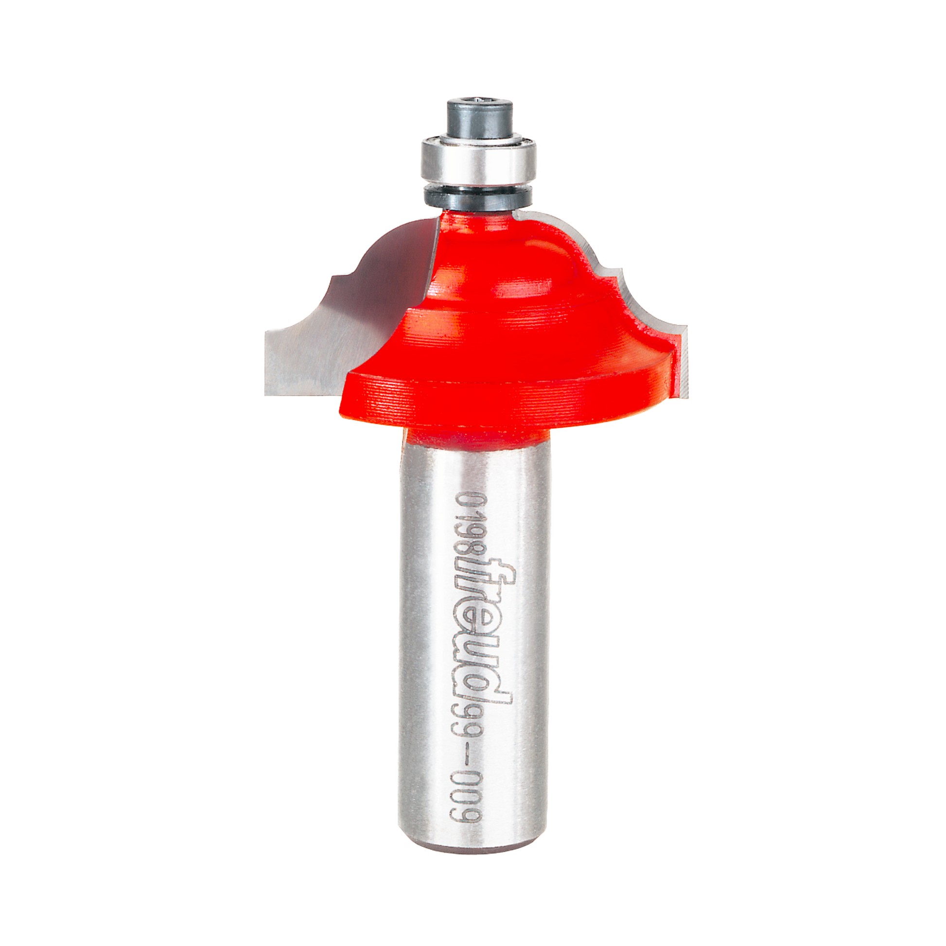 Red cove and bead router bit with silver shank and metal collet on white background.