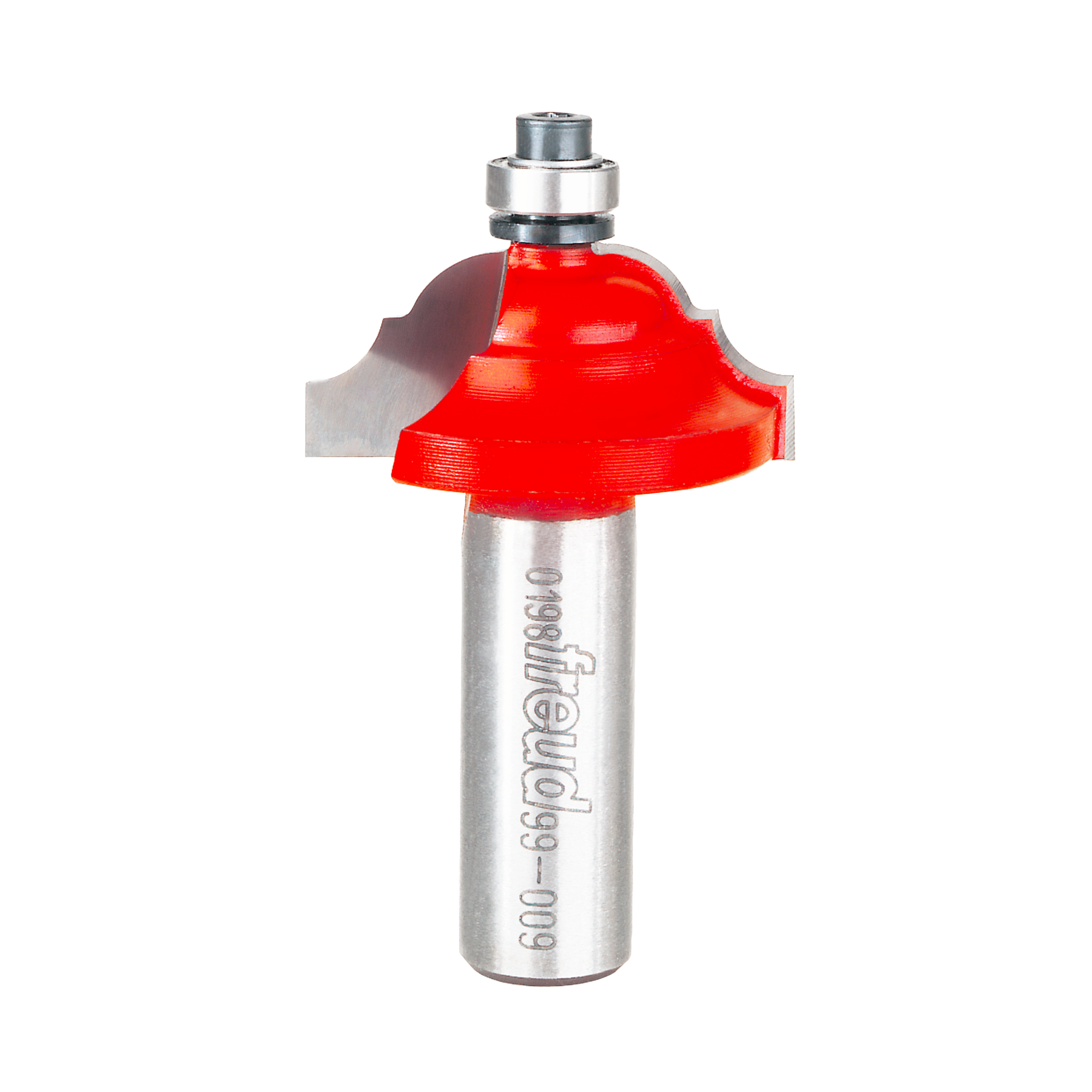 Red cove and bead router bit with silver shank and metal collet on white background.