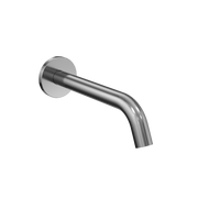 Polished chrome wall-mounted touchless bathroom faucet with curved spout and circular mounting plate.