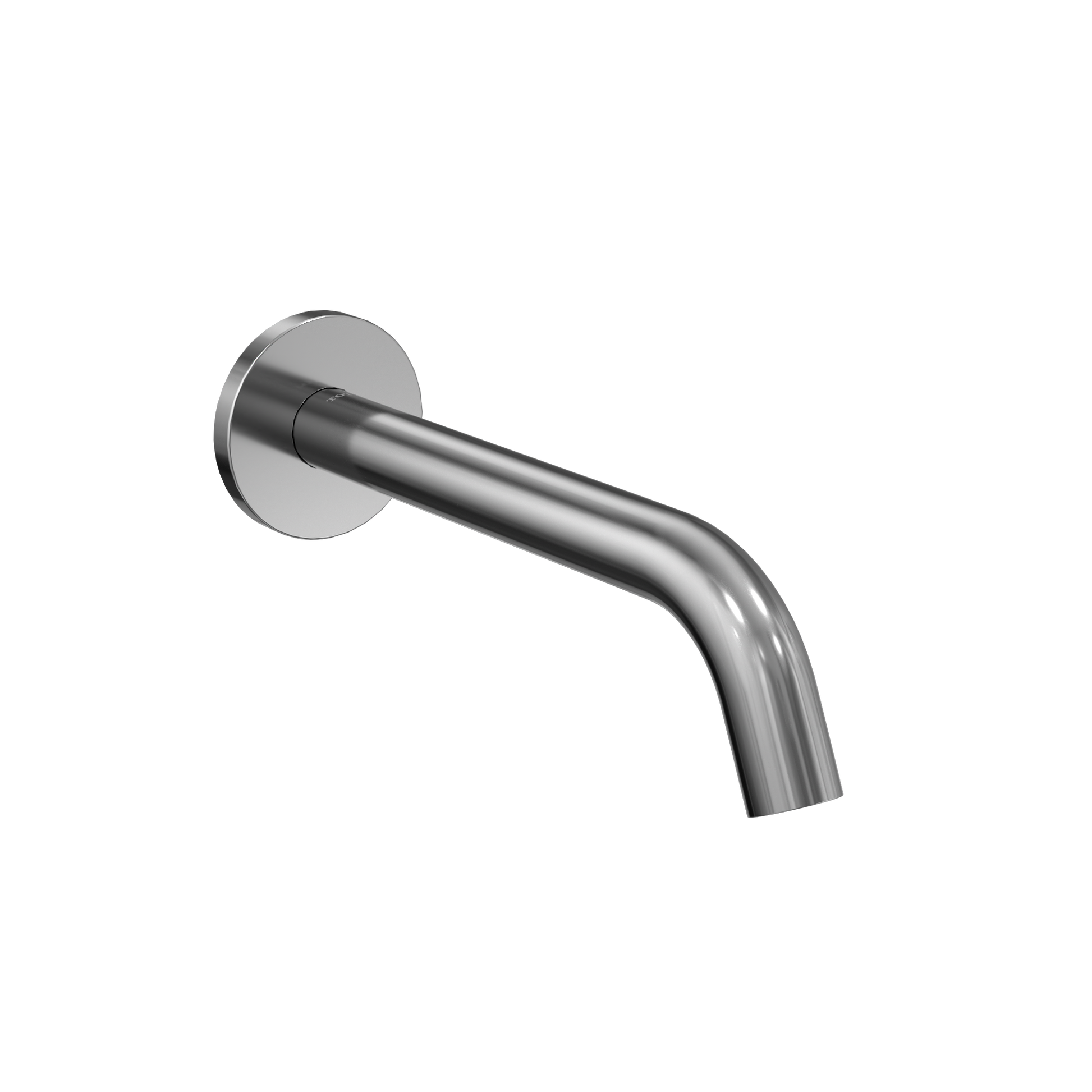 Polished chrome wall-mounted bathroom faucet with curved spout and circular mounting plate.