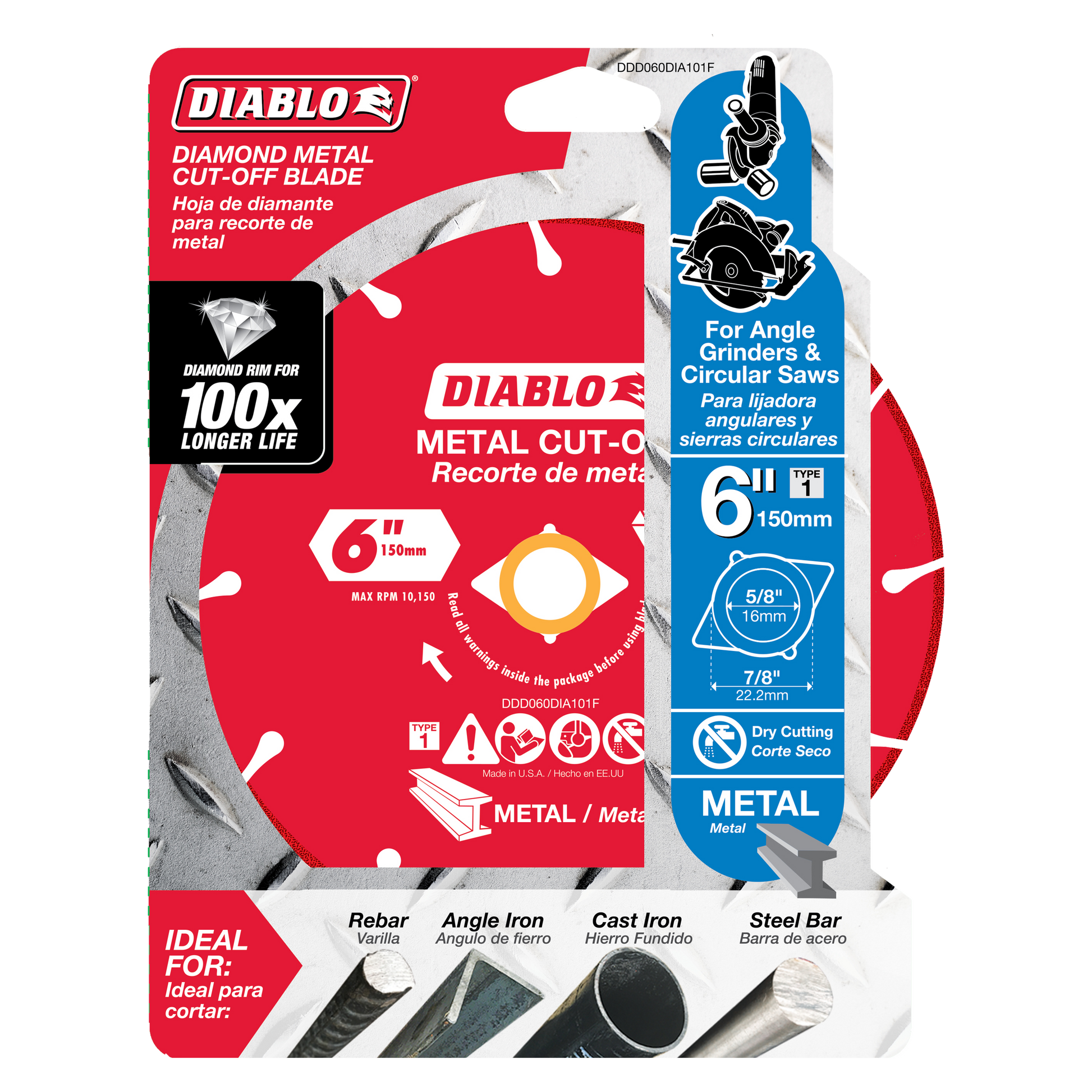 Diablo 6-inch diamond metal cut-off blade with segmented rim in retail packaging showing specifications and application icons
