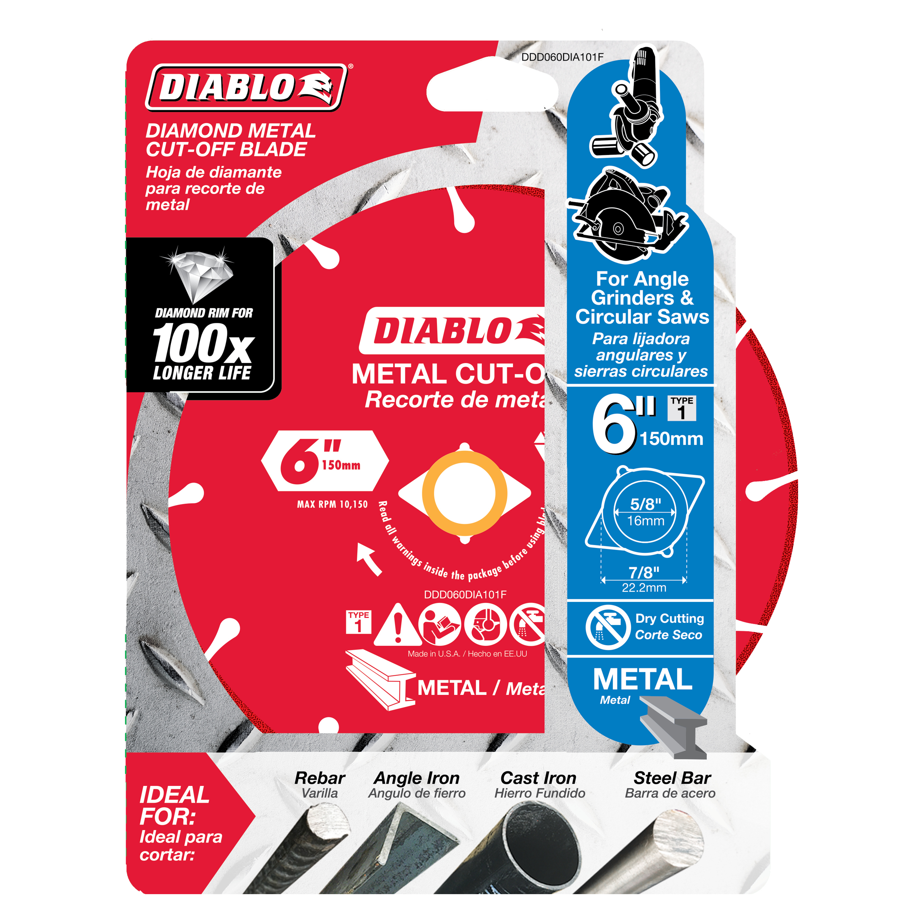 Diablo 6-inch diamond metal cut-off blade with segmented rim in retail packaging showing specifications and application icons