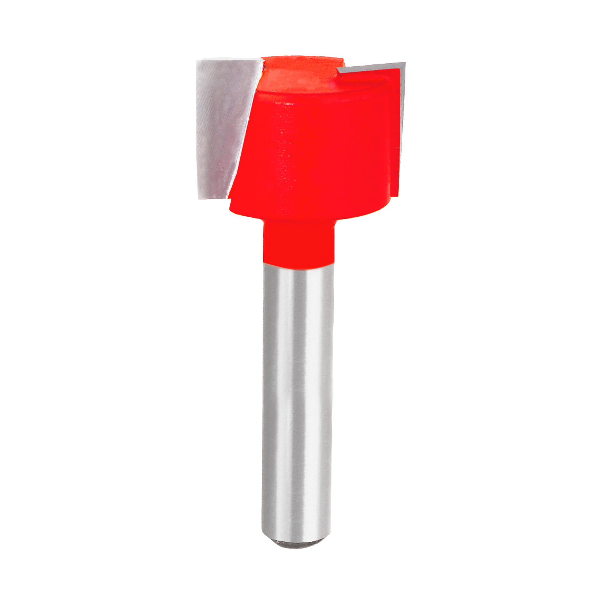 Mortising bit with red cutting head and gray metal shank, featuring square notched design for woodworking.
