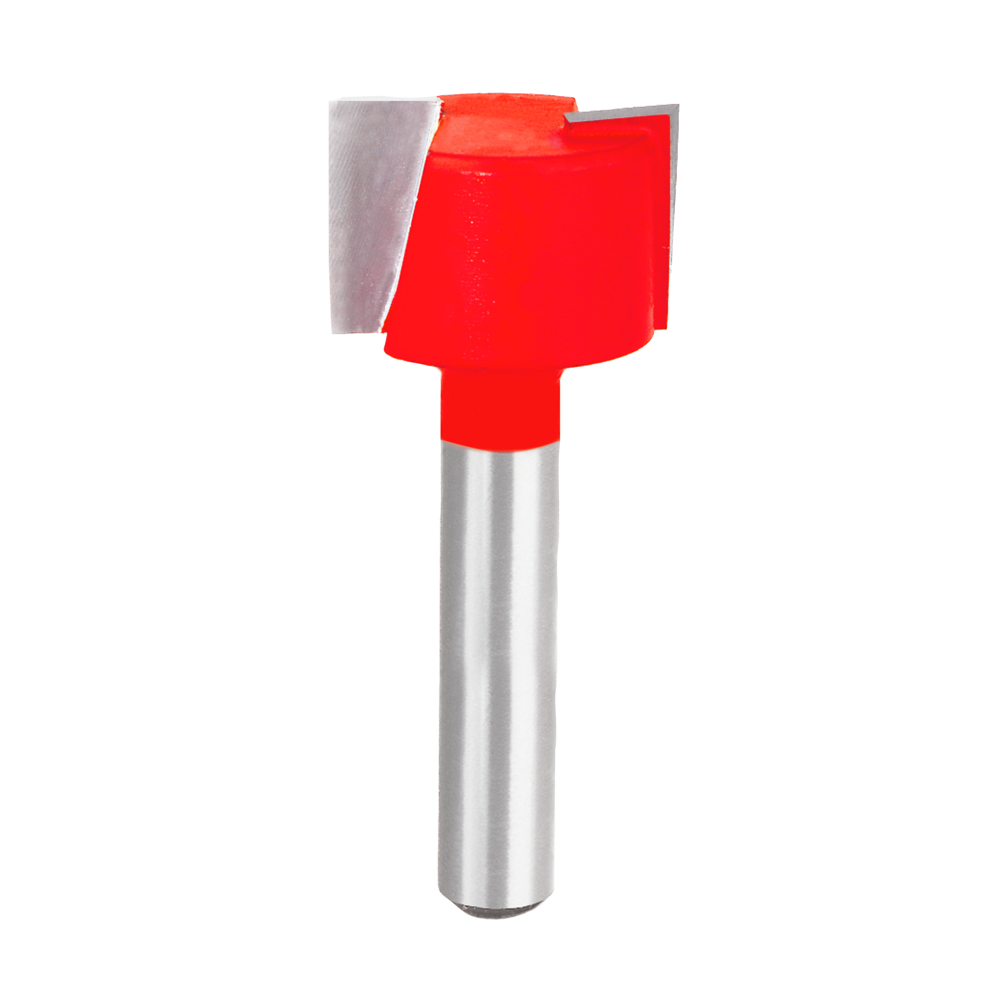 Mortising bit with red cutting head and gray metal shank, featuring square notched design for woodworking.