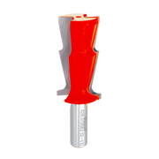Red and gray Freud crown molding router bit with curved cutting edges and metal shank.