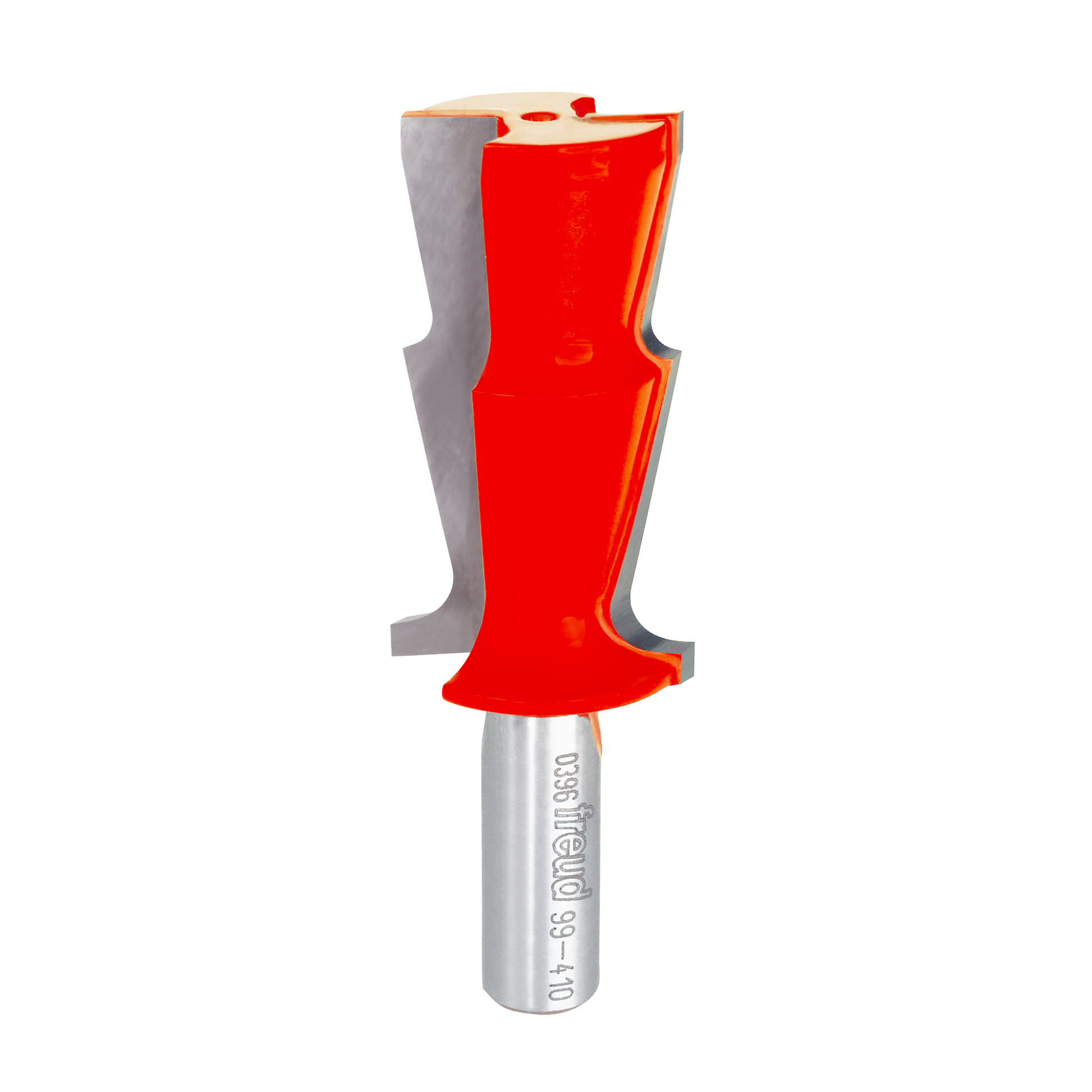 Red and gray Freud crown molding router bit with curved cutting edges and metal shank.
