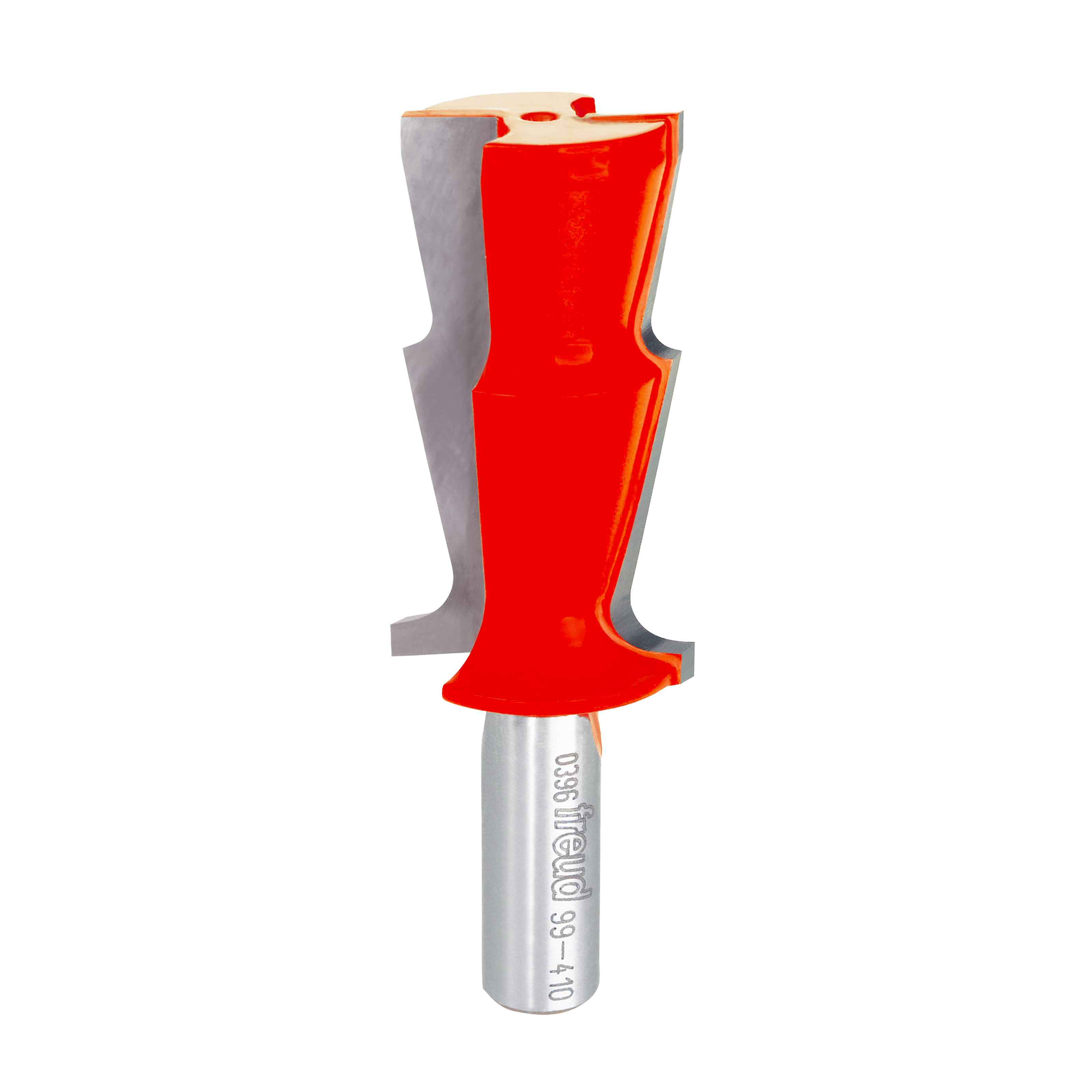 Red and gray Freud crown molding router bit with curved cutting edges and metal shank.
