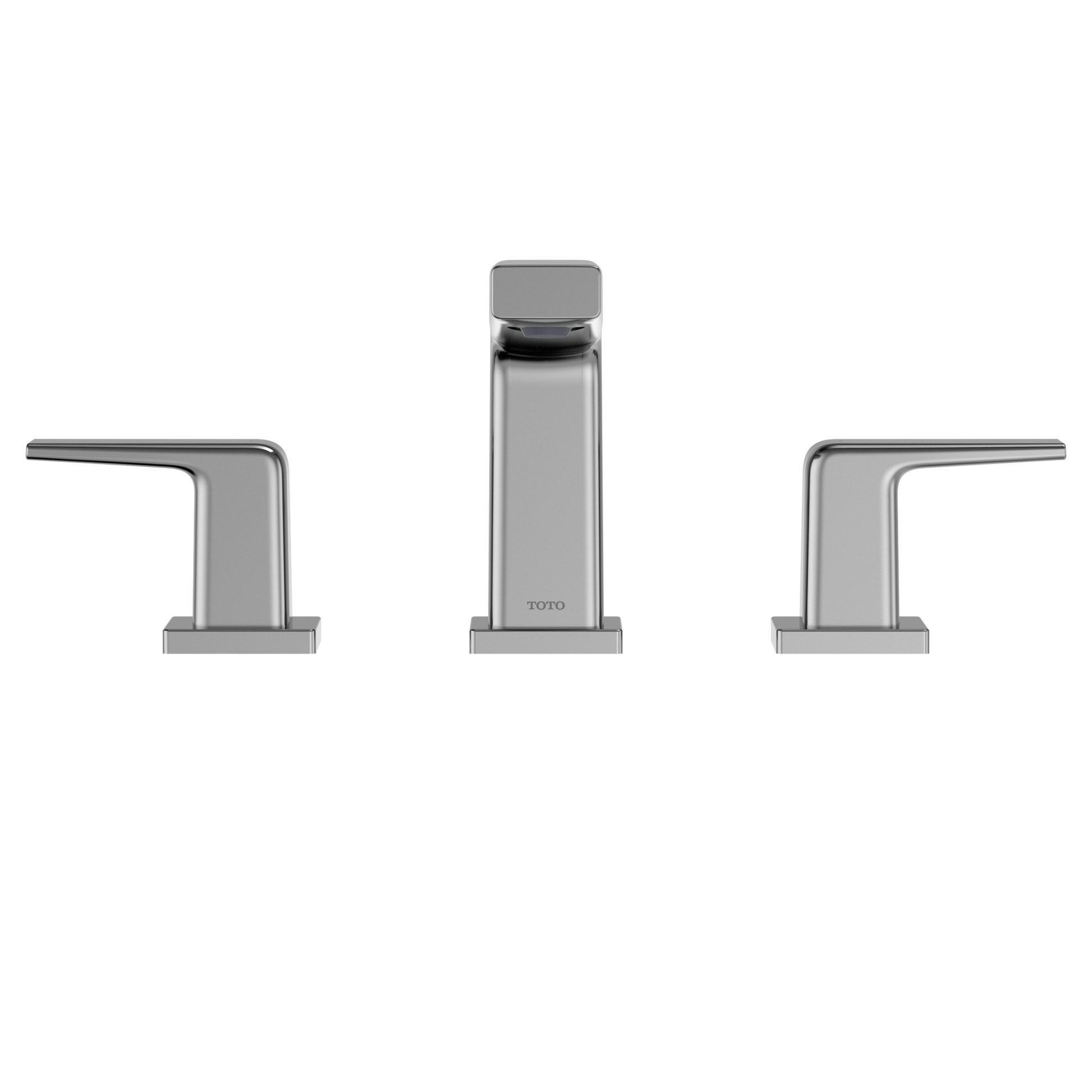 Polished chrome two-handle widespread bathroom sink faucet with rectangular spout and lever handles.