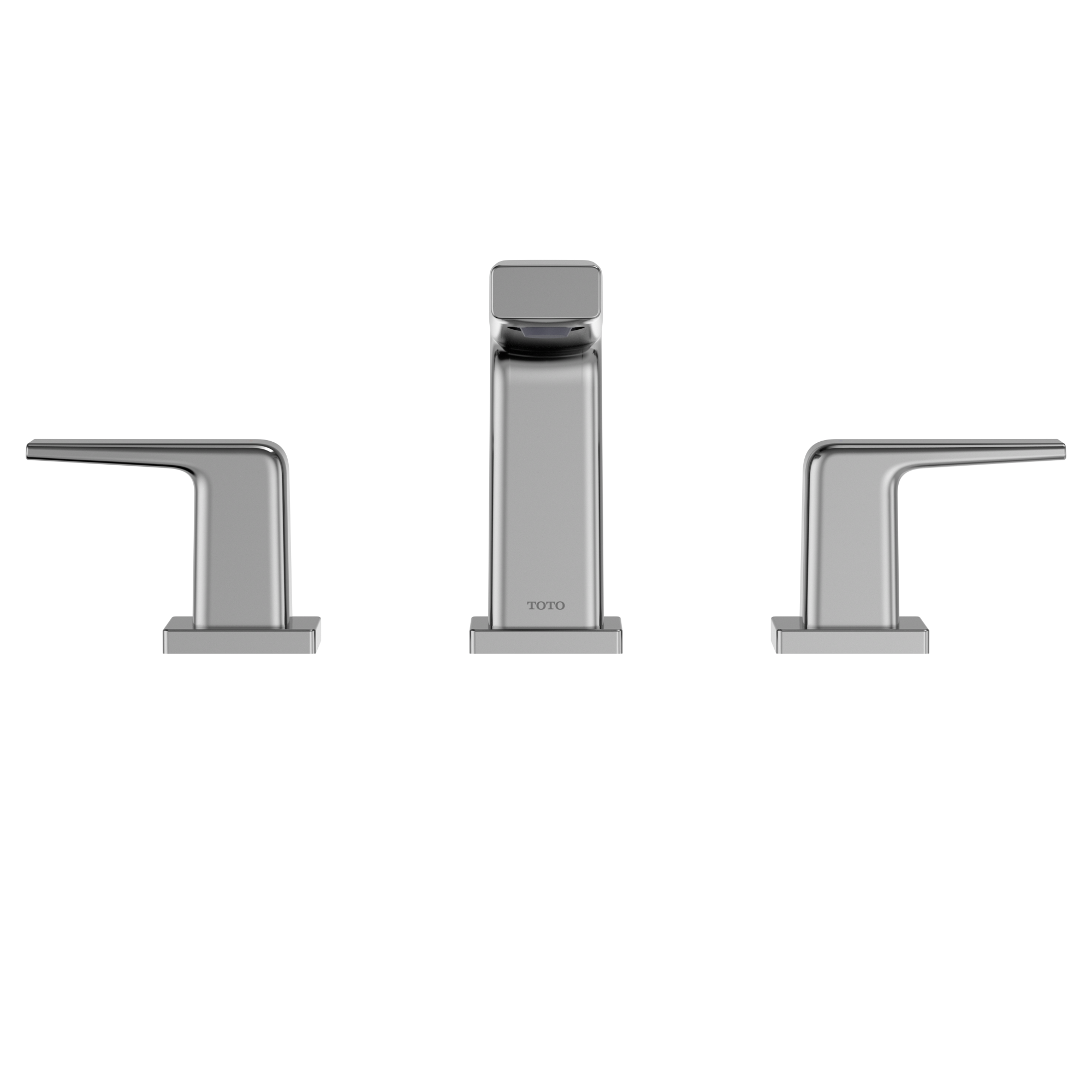 Polished chrome two-handle widespread bathroom sink faucet with rectangular spout and lever handles.