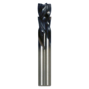 Black and silver four-flute compression router bit with twisted cutting edges and cylindrical shank.